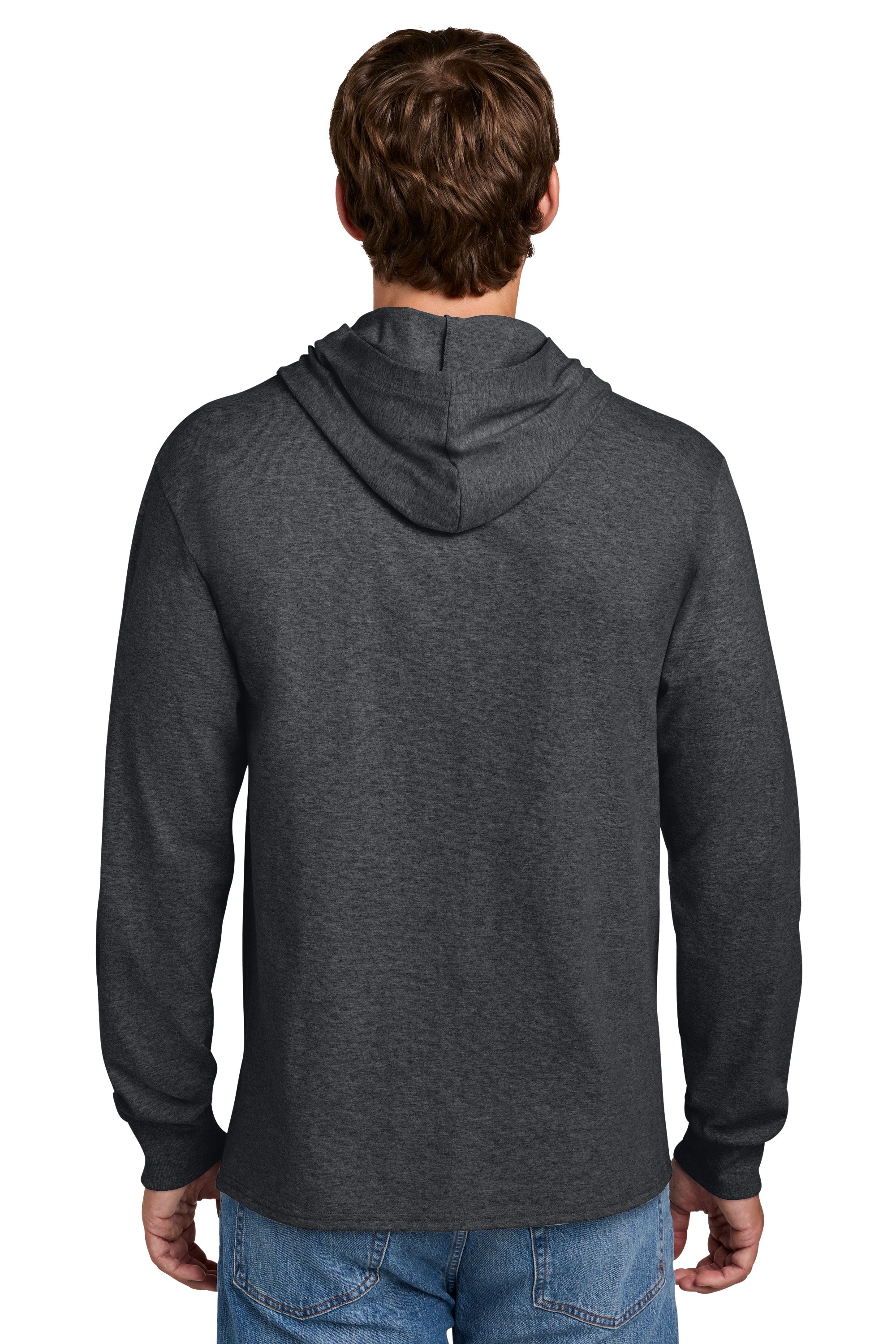 Port & Company PC54H Mens Core Cotton Long Sleeve Hooded T-Shirt Hoodie Heather Dark Grey Model Back