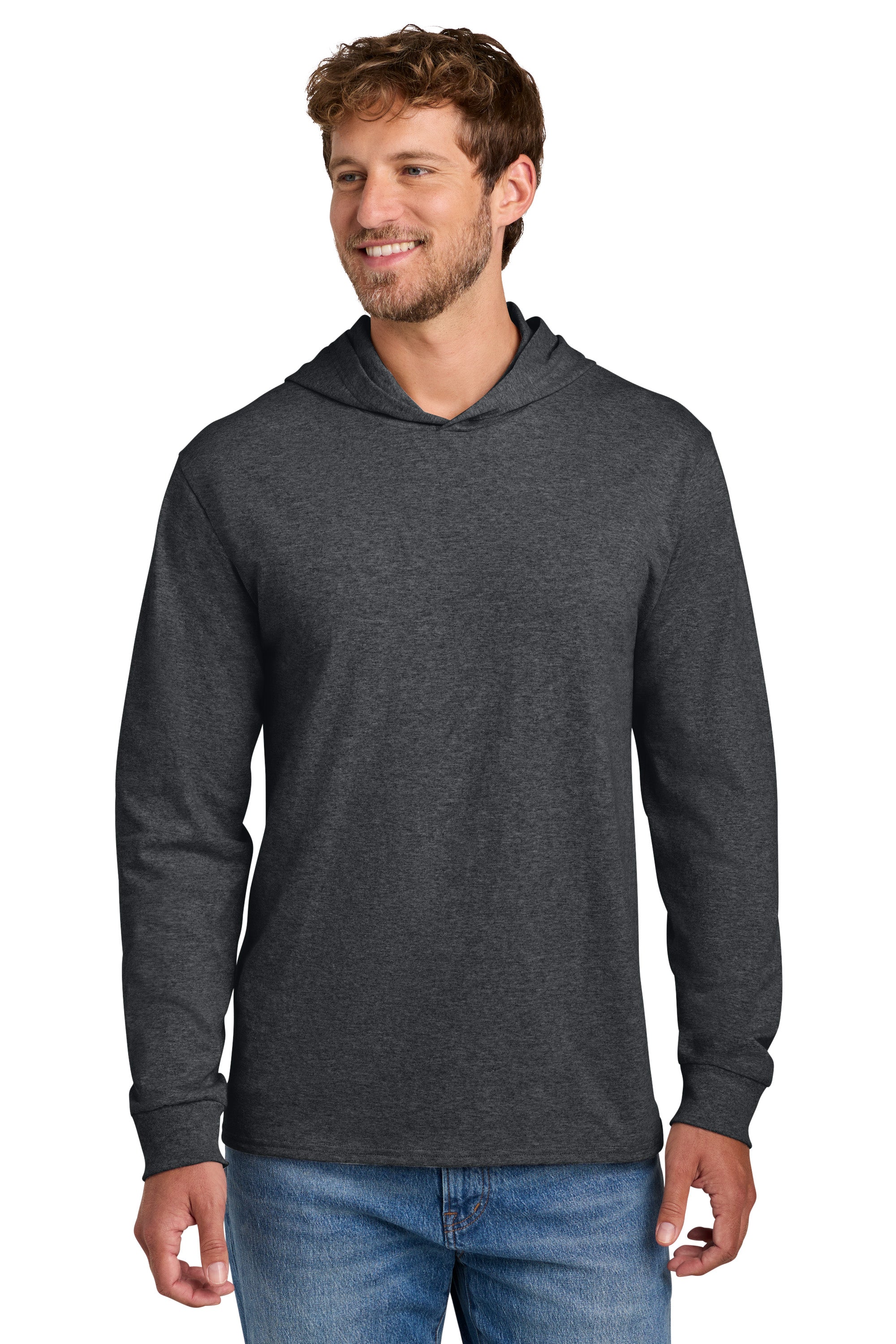 Port & Company PC54H Mens Core Cotton Long Sleeve Hooded T-Shirt Hoodie Heather Dark Grey Model Front