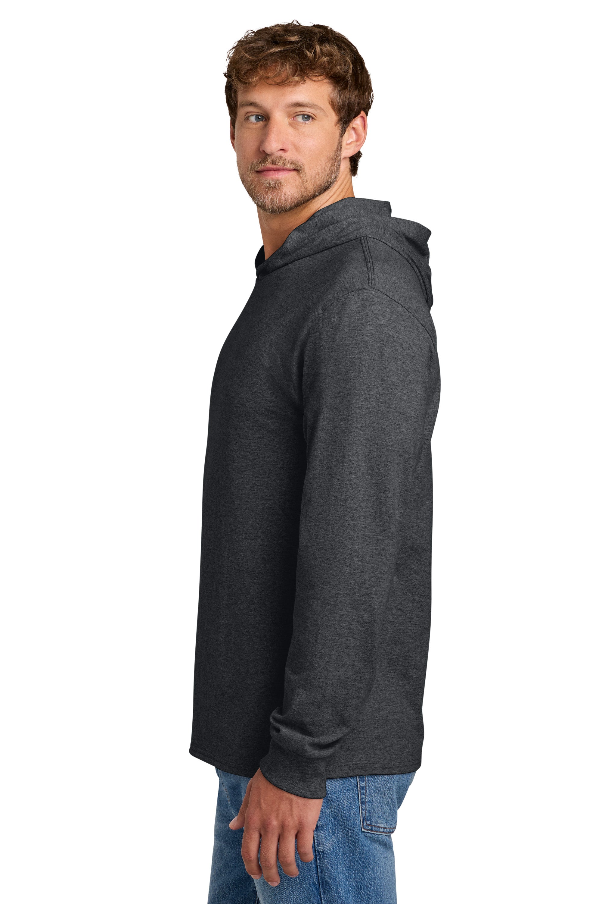 Port & Company PC54H Mens Core Cotton Long Sleeve Hooded T-Shirt Hoodie Heather Dark Grey Model Side