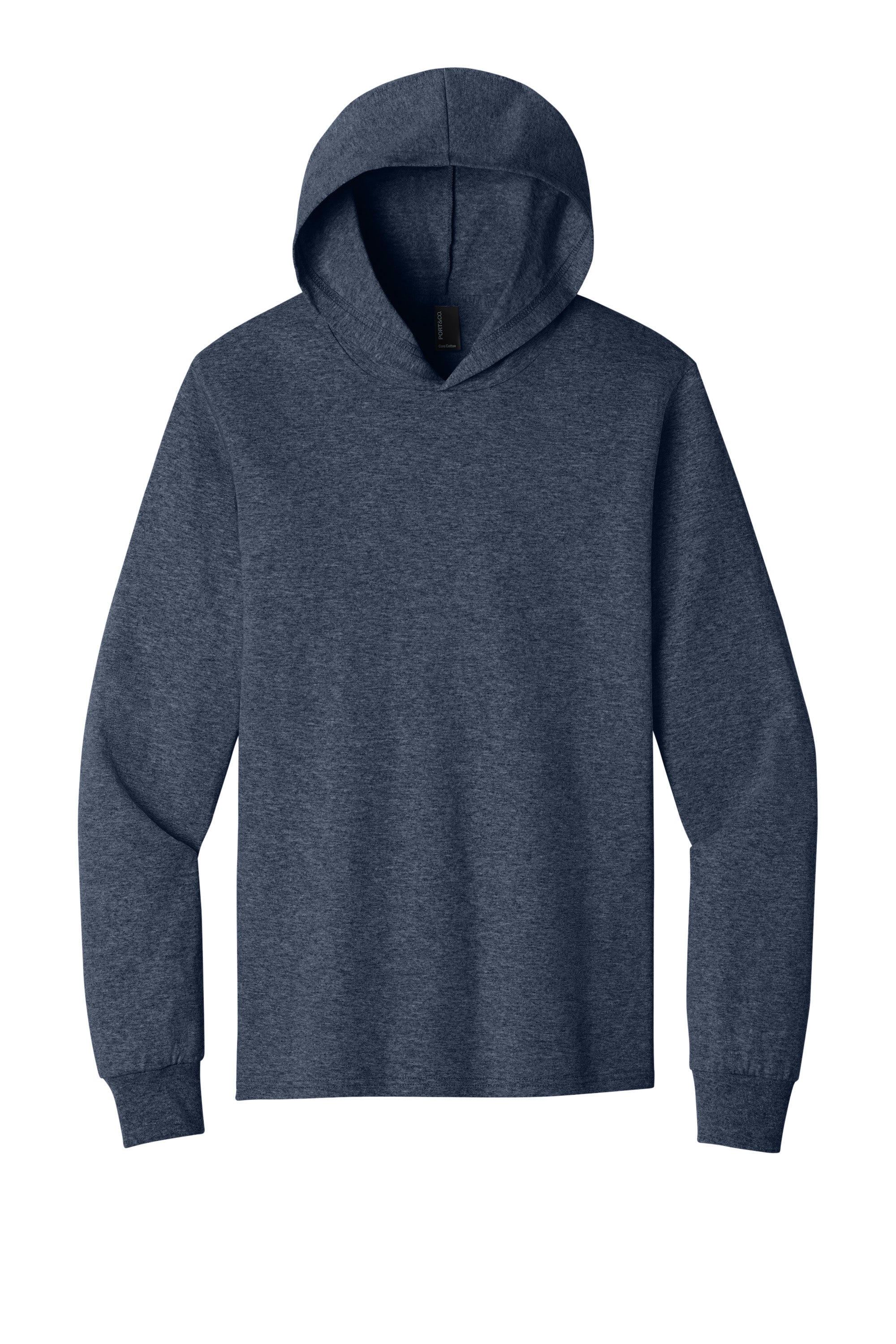 Port & Company PC54H Mens Core Cotton Long Sleeve Hooded T-Shirt Hoodie Heather Navy Blue Flat Front