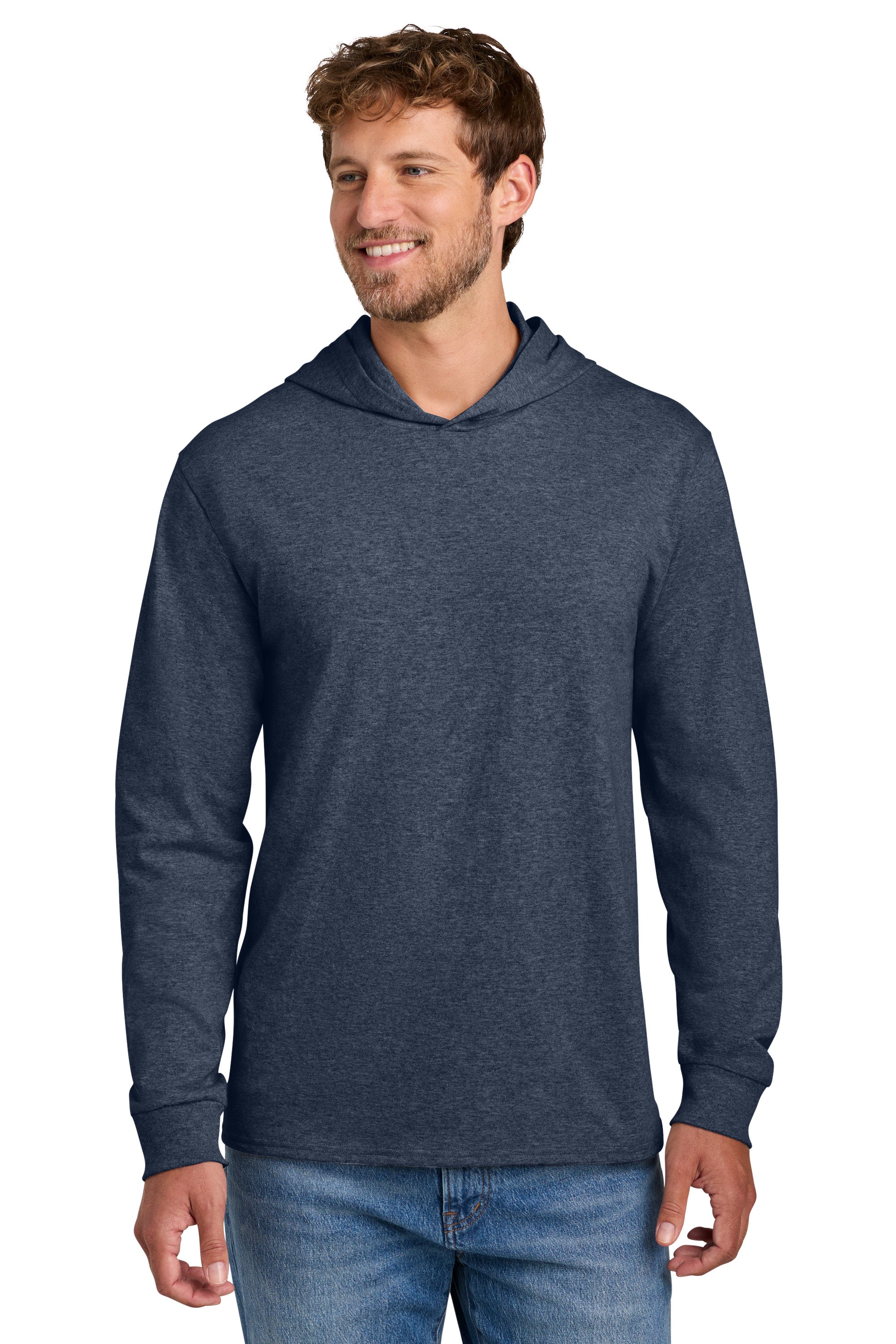 Port & Company PC54H Mens Core Cotton Long Sleeve Hooded T-Shirt Hoodie Heather Navy Blue Model Front