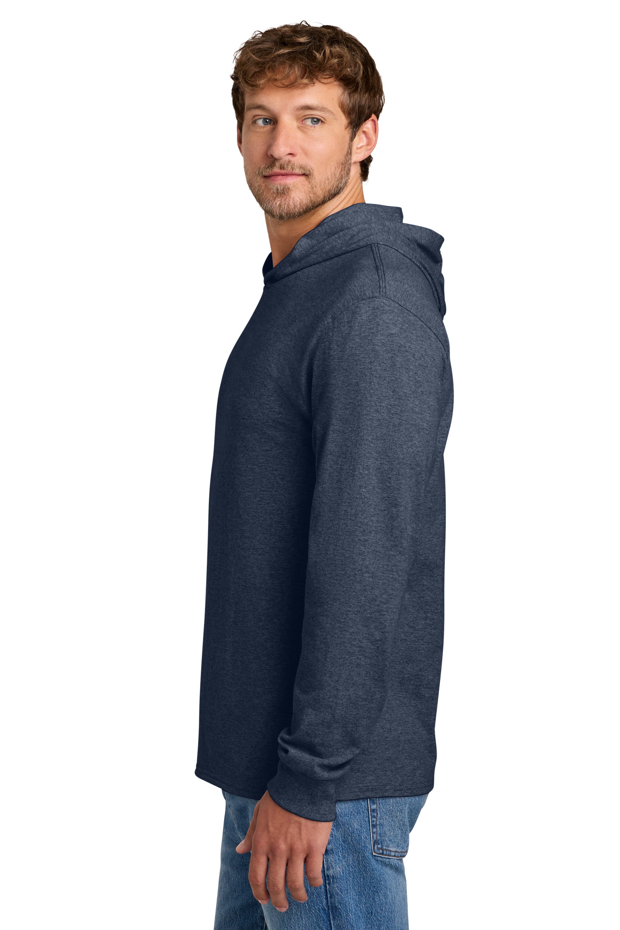 Port & Company PC54H Mens Core Cotton Long Sleeve Hooded T-Shirt Hoodie Heather Navy Blue Model Side