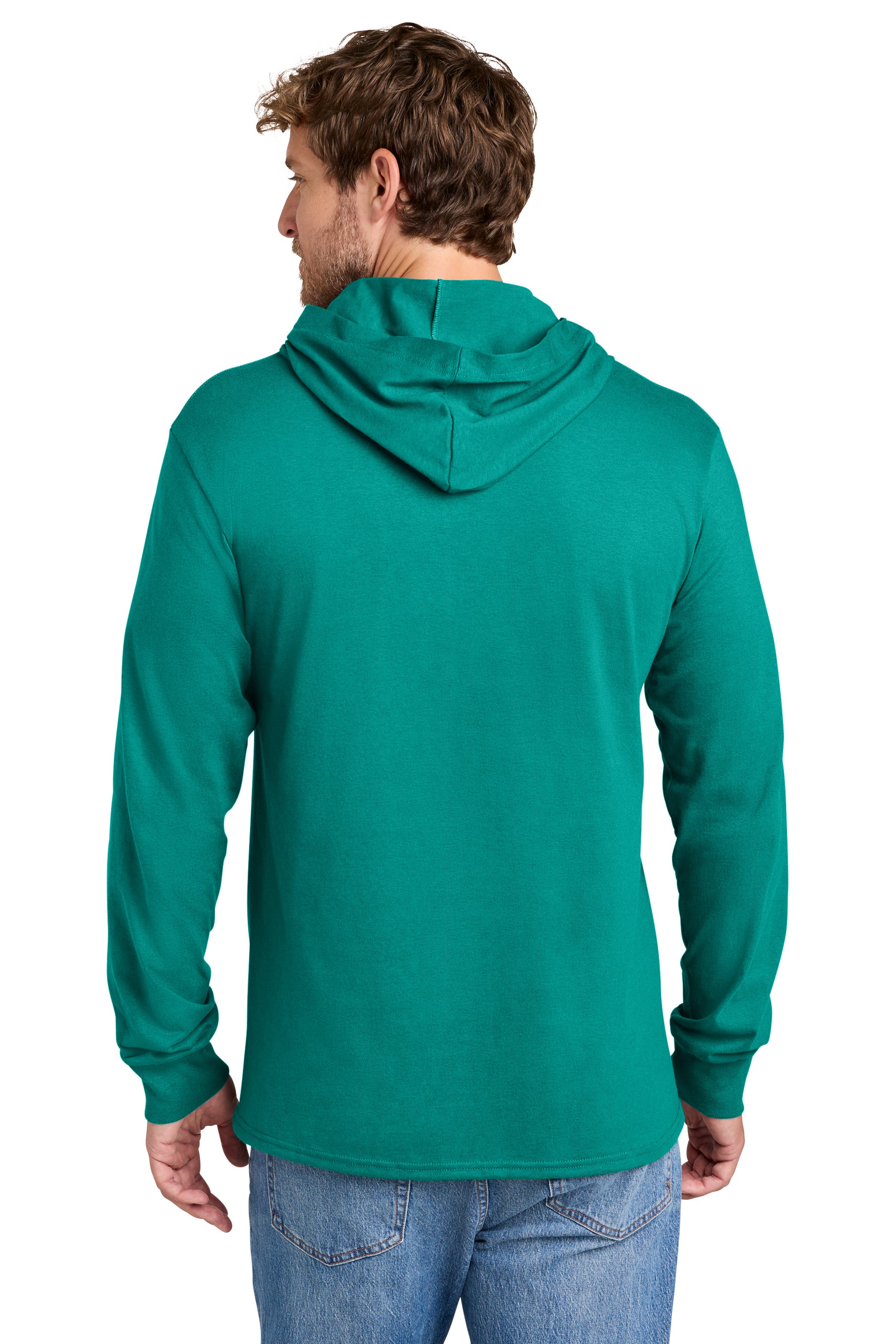 Port & Company PC54H Mens Core Cotton Long Sleeve Hooded T-Shirt Hoodie Jade Green Model Back