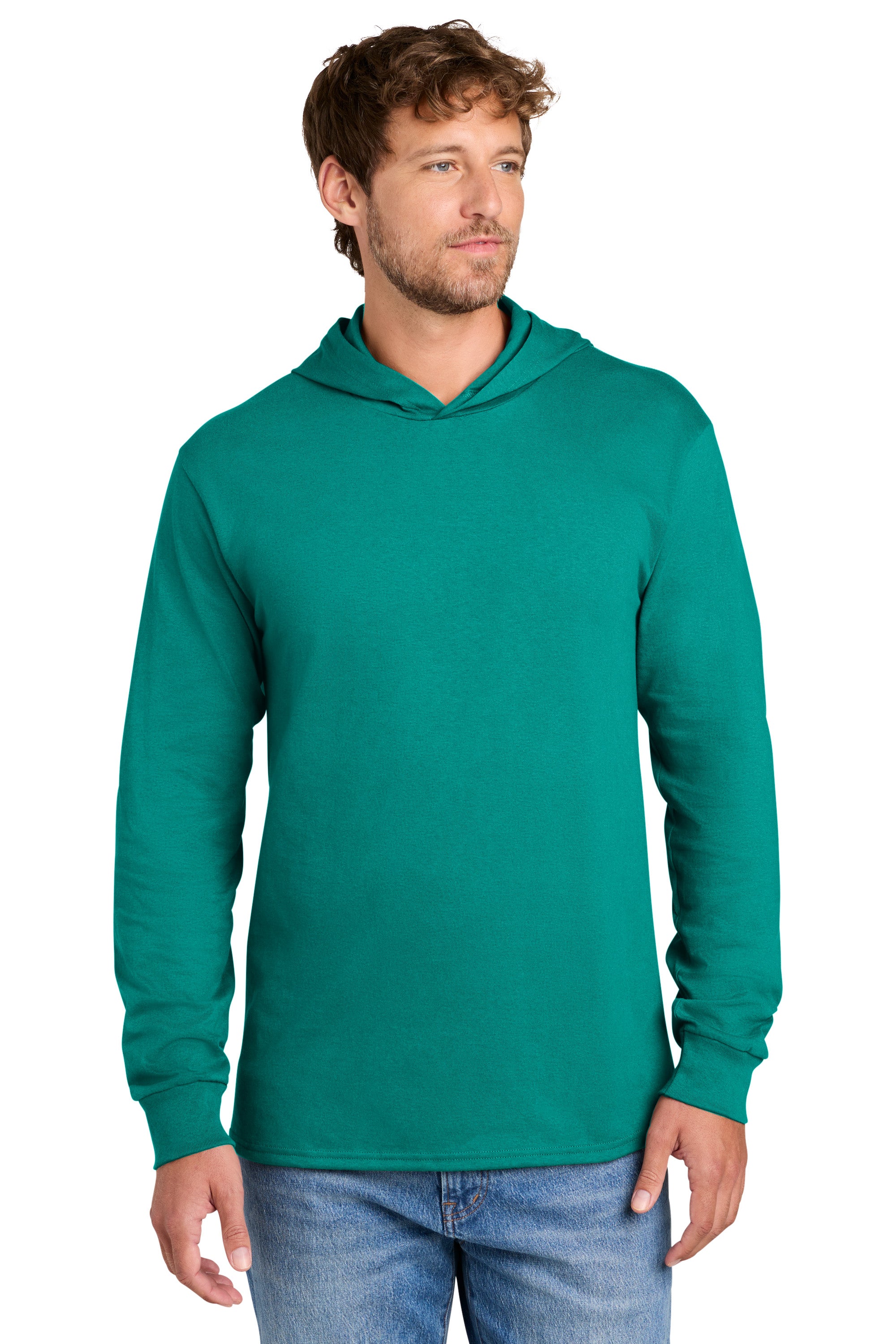 Port & Company PC54H Mens Core Cotton Long Sleeve Hooded T-Shirt Hoodie Jade Green Model Front