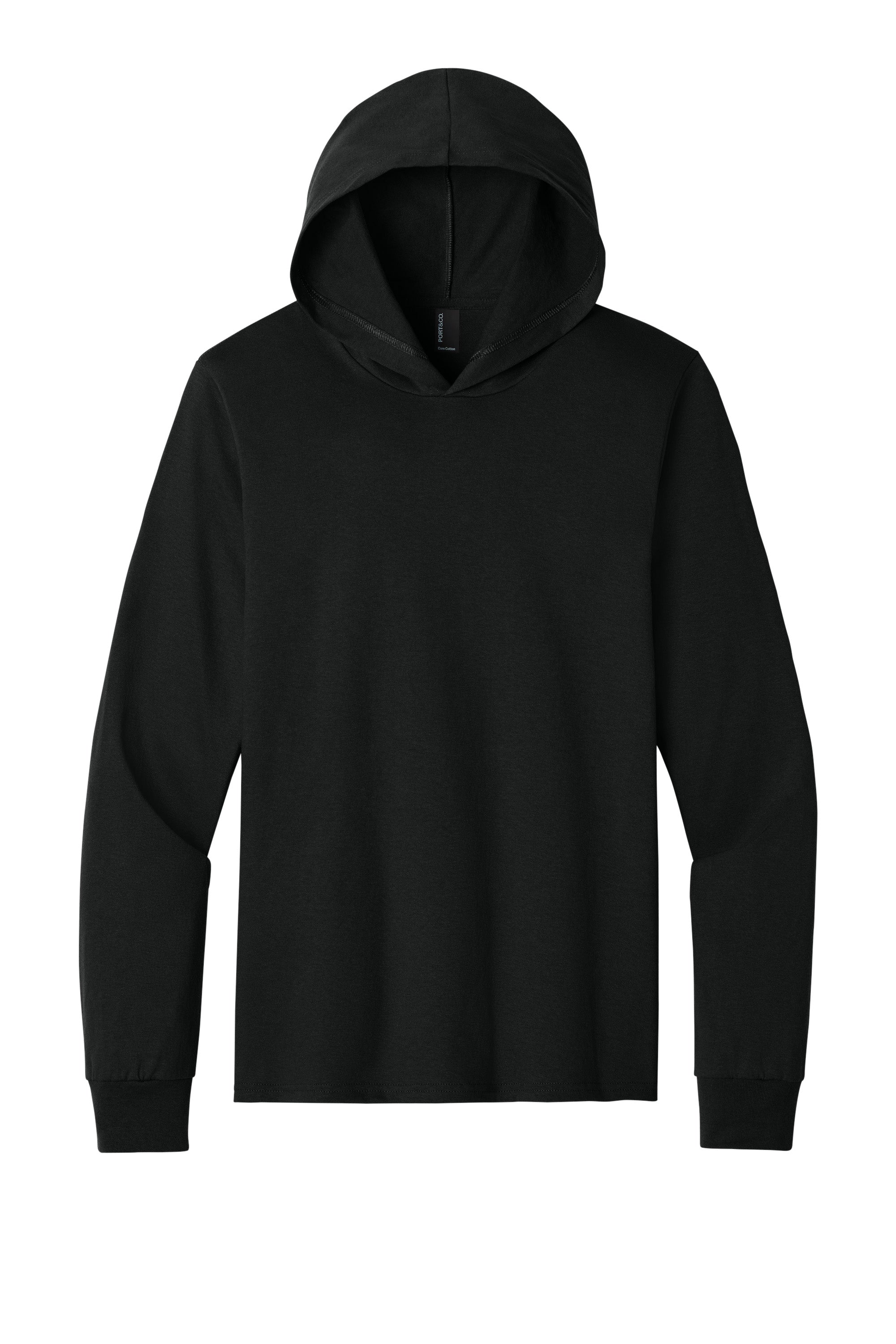 Port & Company PC54H Mens Core Cotton Long Sleeve Hooded T-Shirt Hoodie Jet Black Flat Front