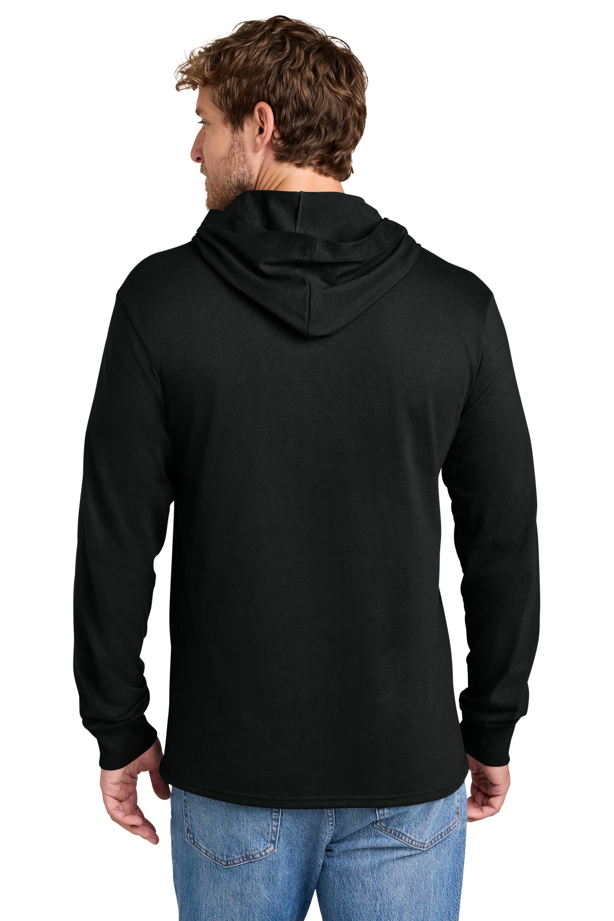 Port & Company PC54H Mens Core Cotton Long Sleeve Hooded T-Shirt Hoodie Jet Black Model Back