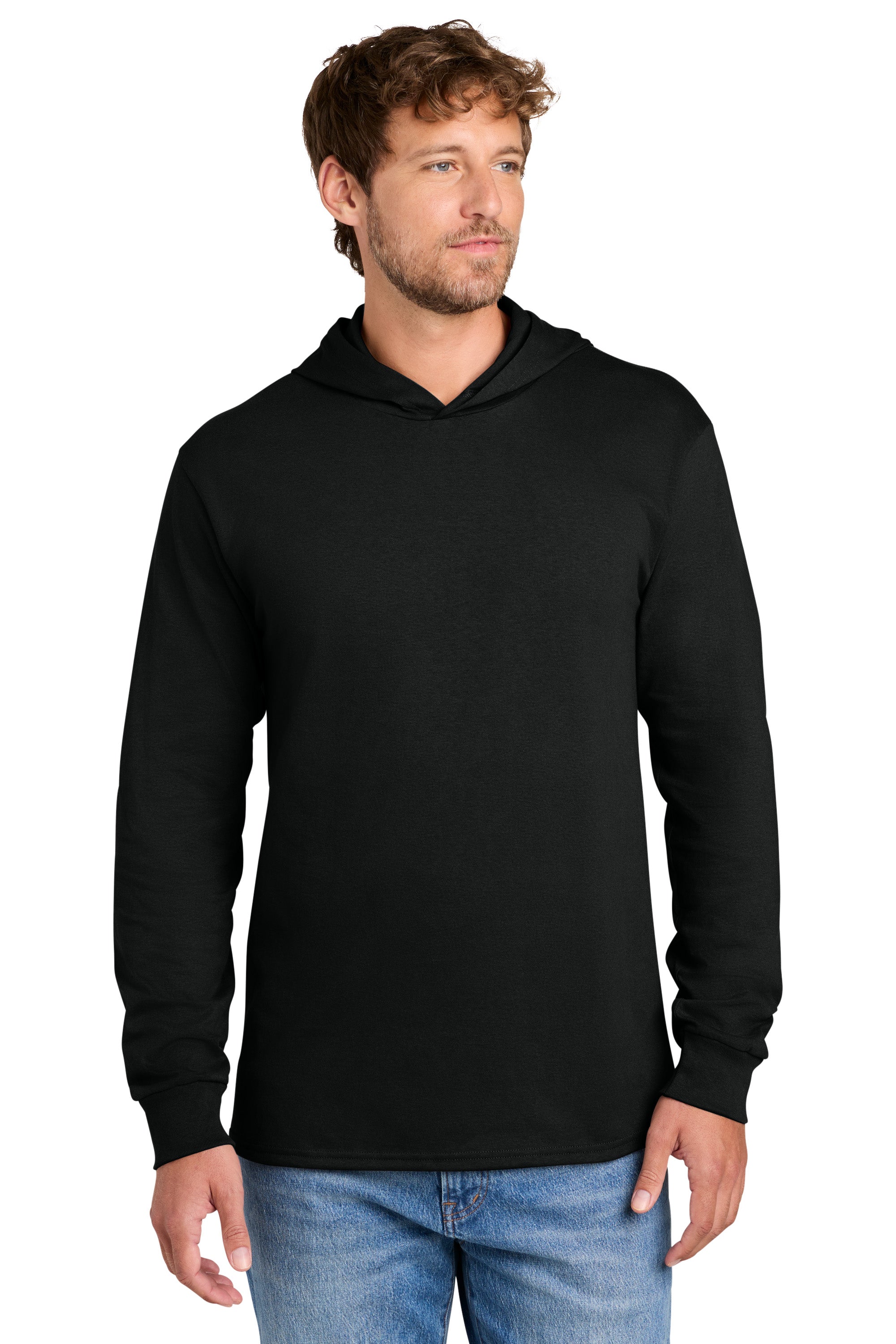 Port & Company PC54H Mens Core Cotton Long Sleeve Hooded T-Shirt Hoodie Jet Black Model Front