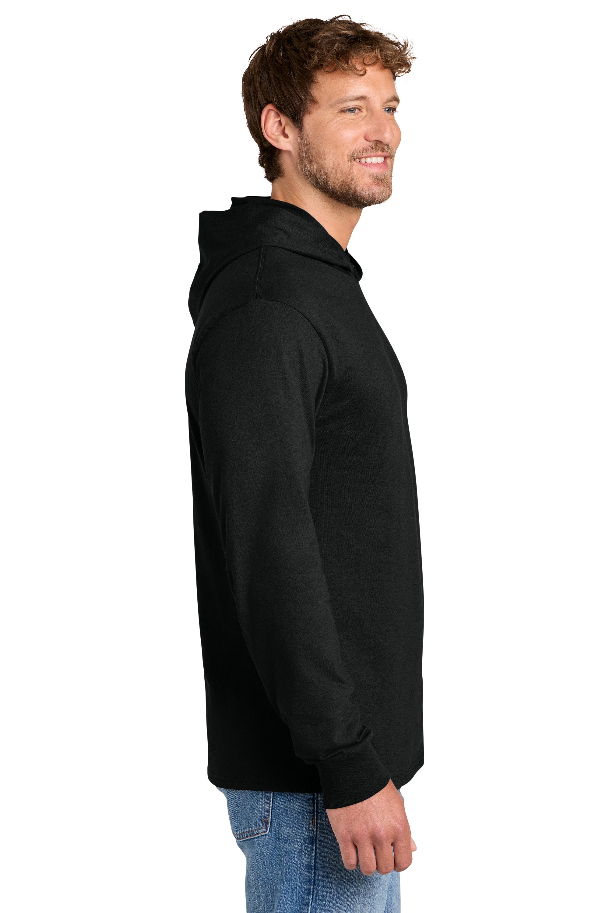 Port & Company PC54H Mens Core Cotton Long Sleeve Hooded T-Shirt Hoodie Jet Black Model Side