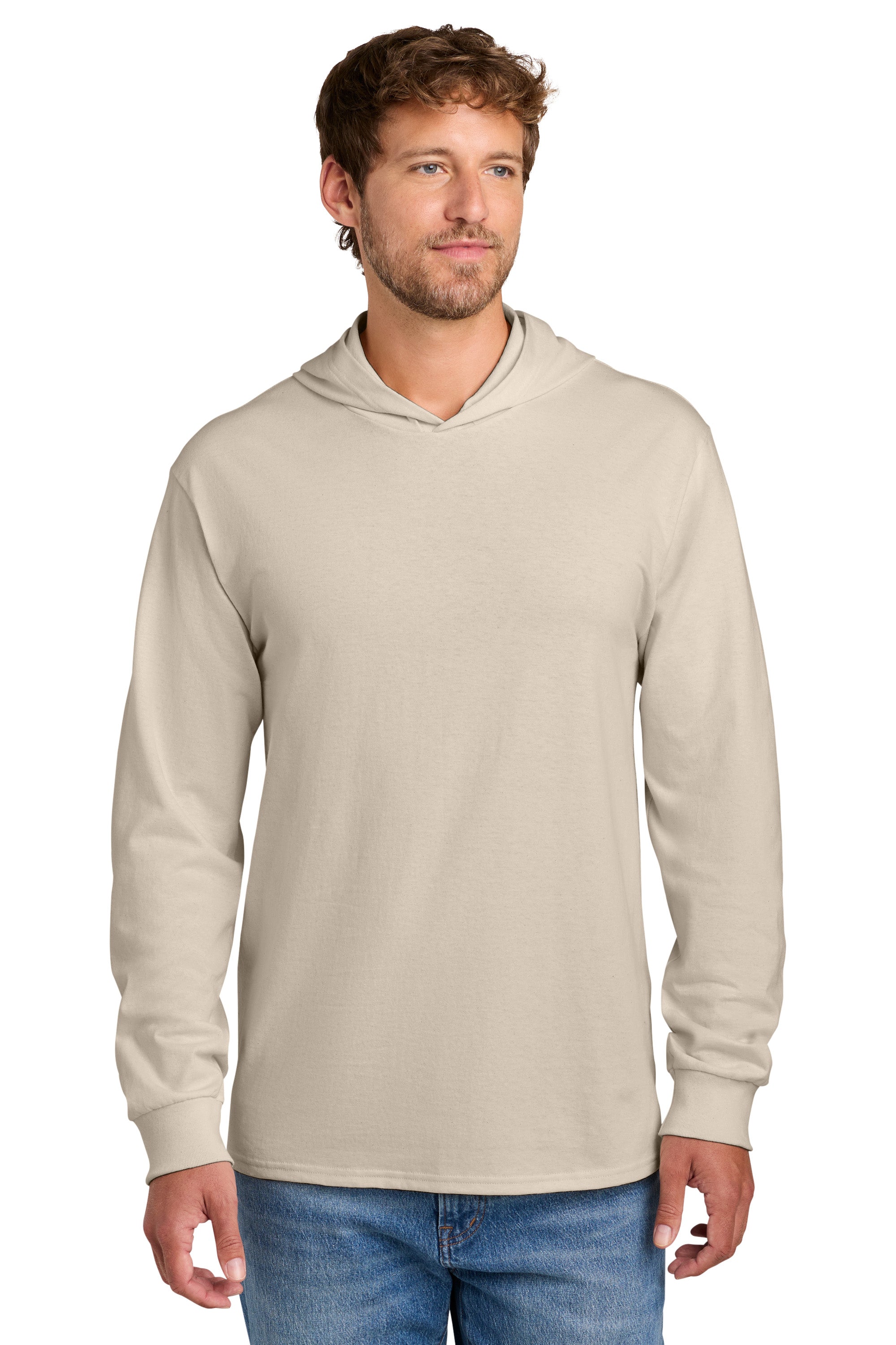 Port & Company PC54H Mens Core Cotton Long Sleeve Hooded T-Shirt Hoodie Light Sand Brown Model Front