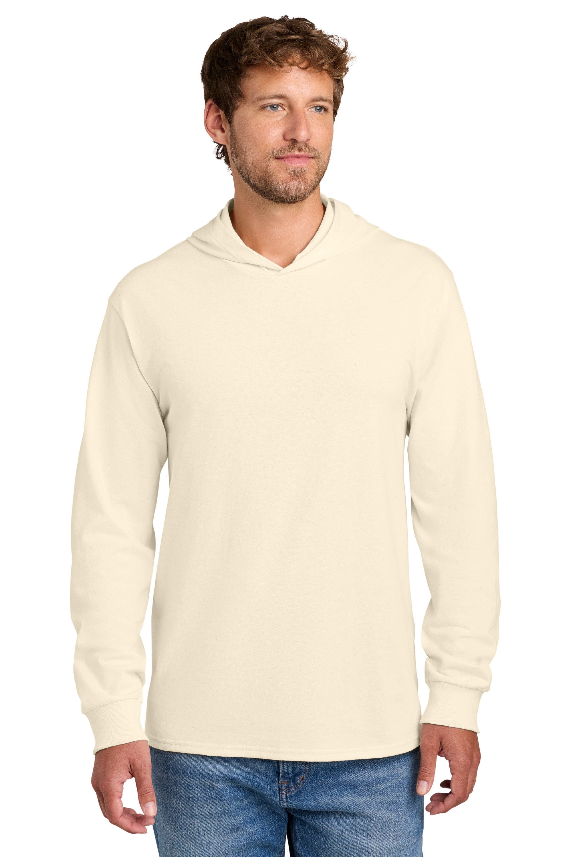 Port & Company PC54H Mens Core Cotton Long Sleeve Hooded T-Shirt Hoodie Natural Model Front