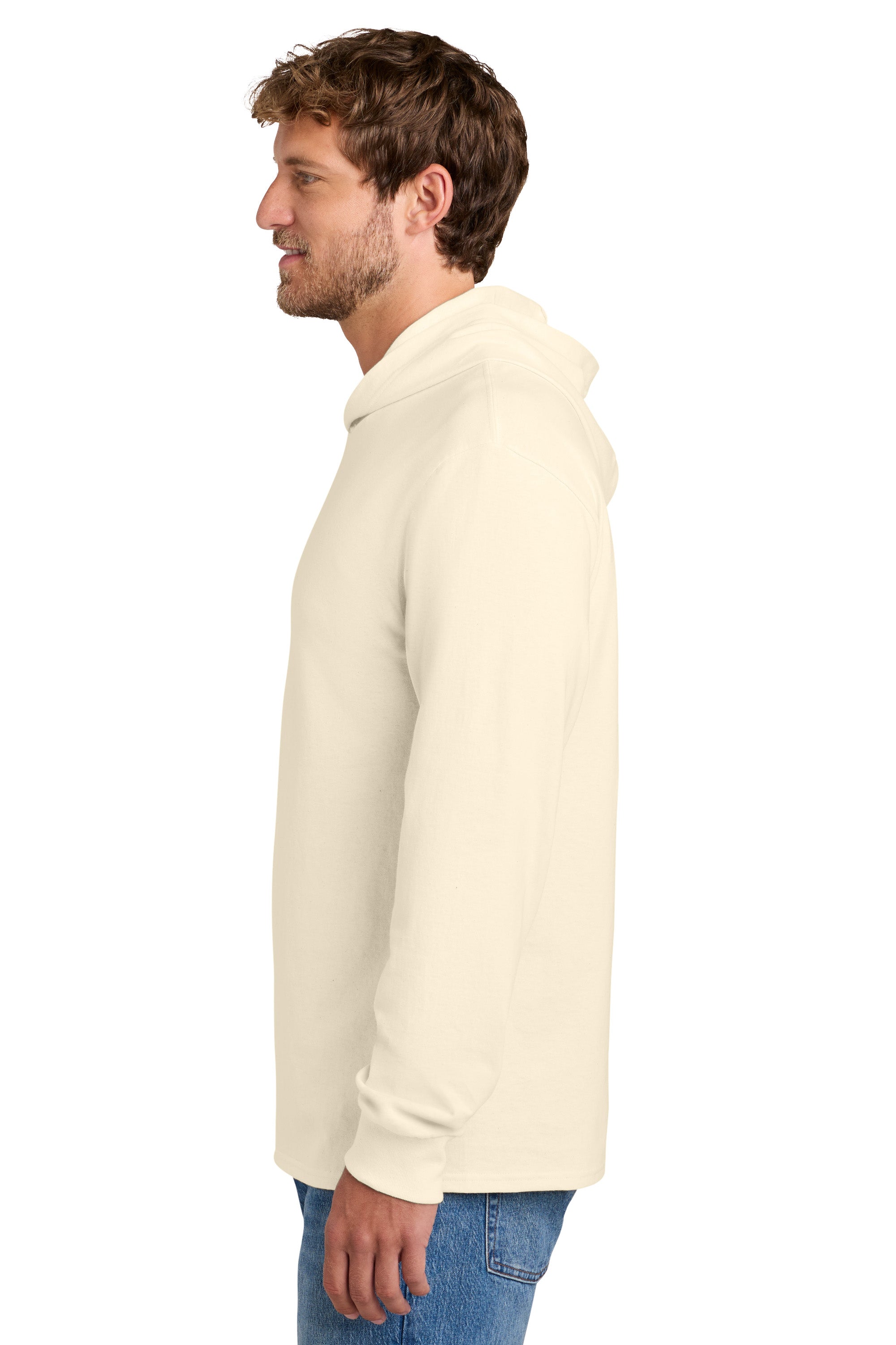 Port & Company PC54H Mens Core Cotton Long Sleeve Hooded T-Shirt Hoodie Natural Model Side