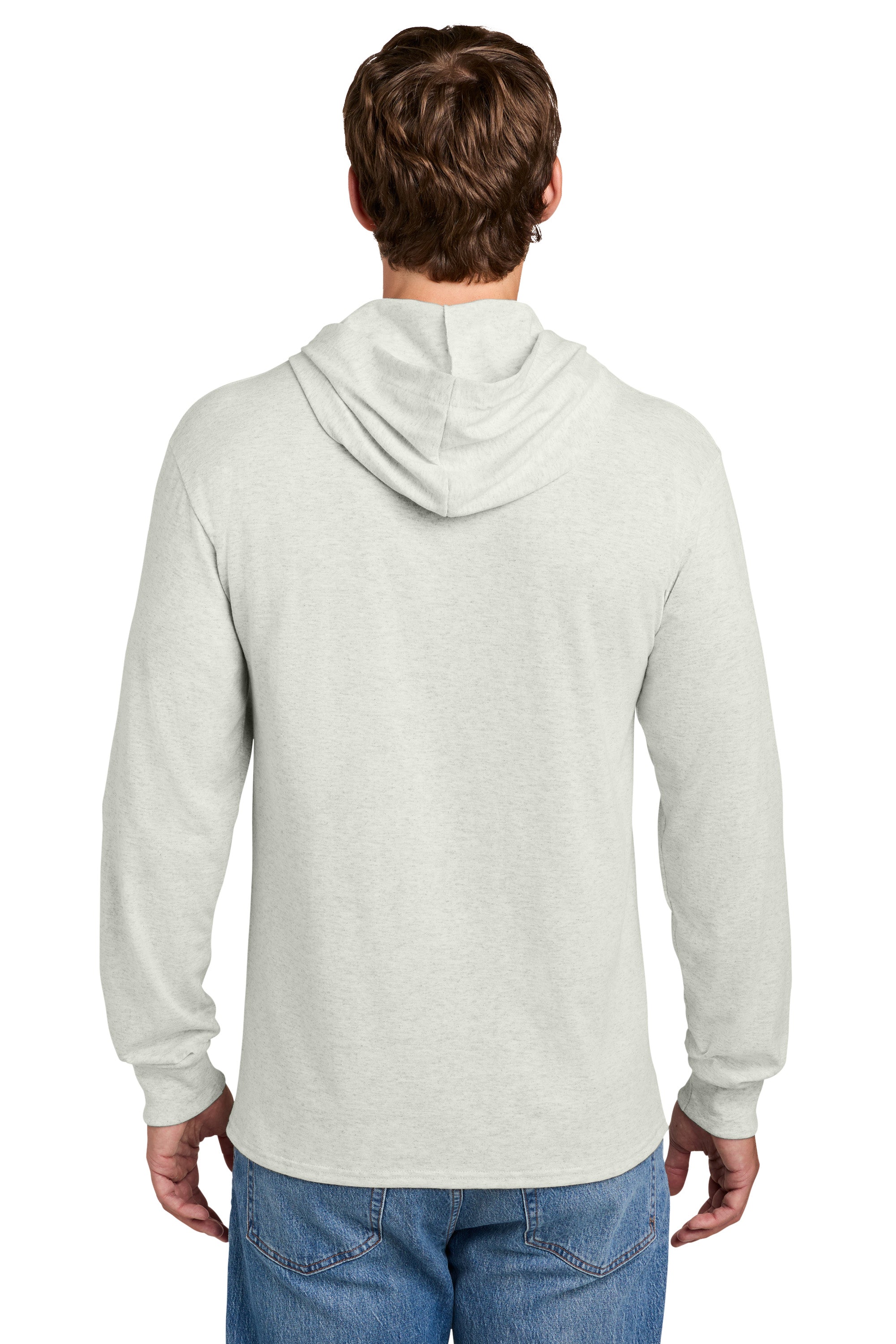 Port & Company PC54H Mens Core Cotton Long Sleeve Hooded T-Shirt Hoodie Heather Oatmeal Model Back