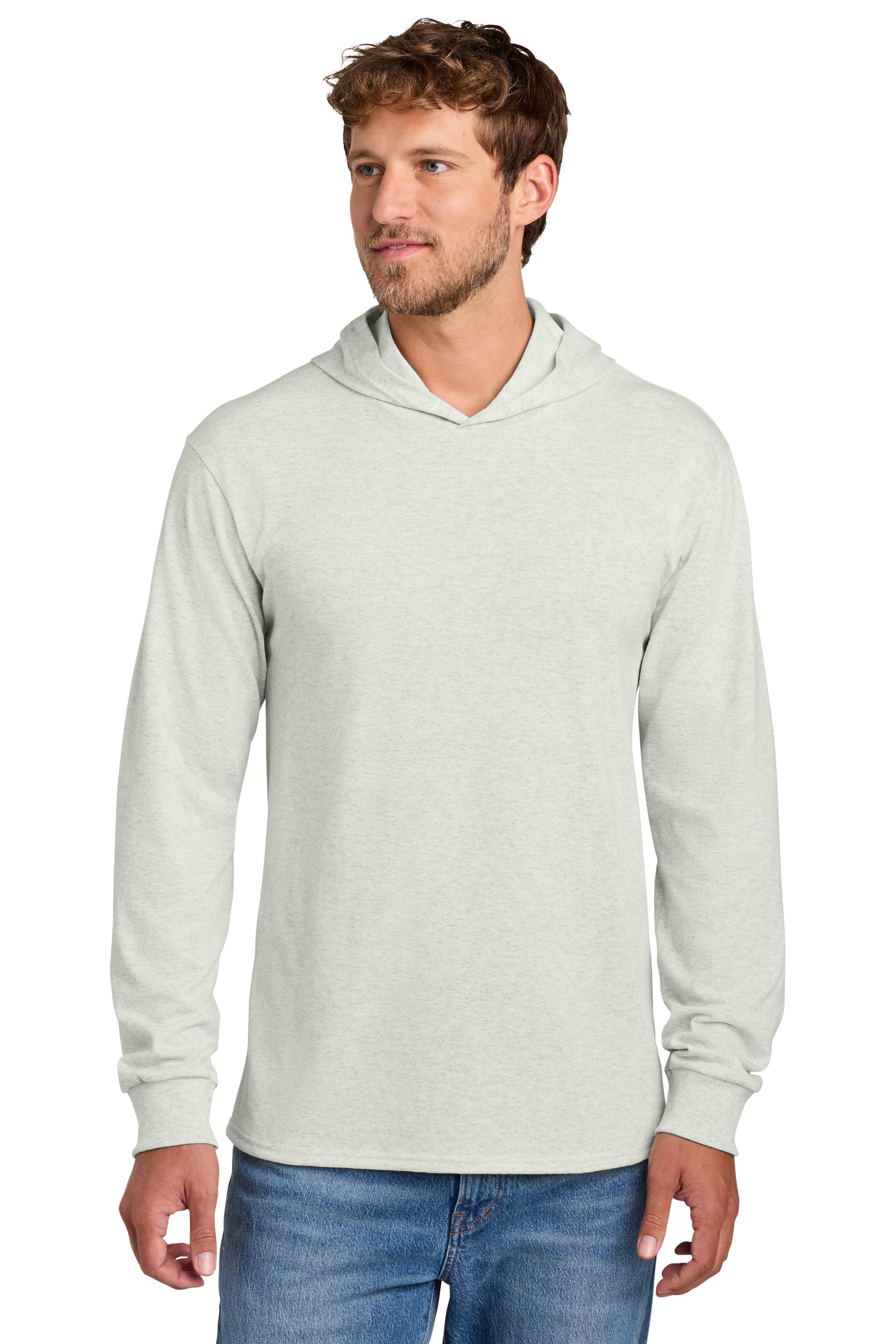 Port & Company PC54H Mens Core Cotton Long Sleeve Hooded T-Shirt Hoodie Heather Oatmeal Model Front