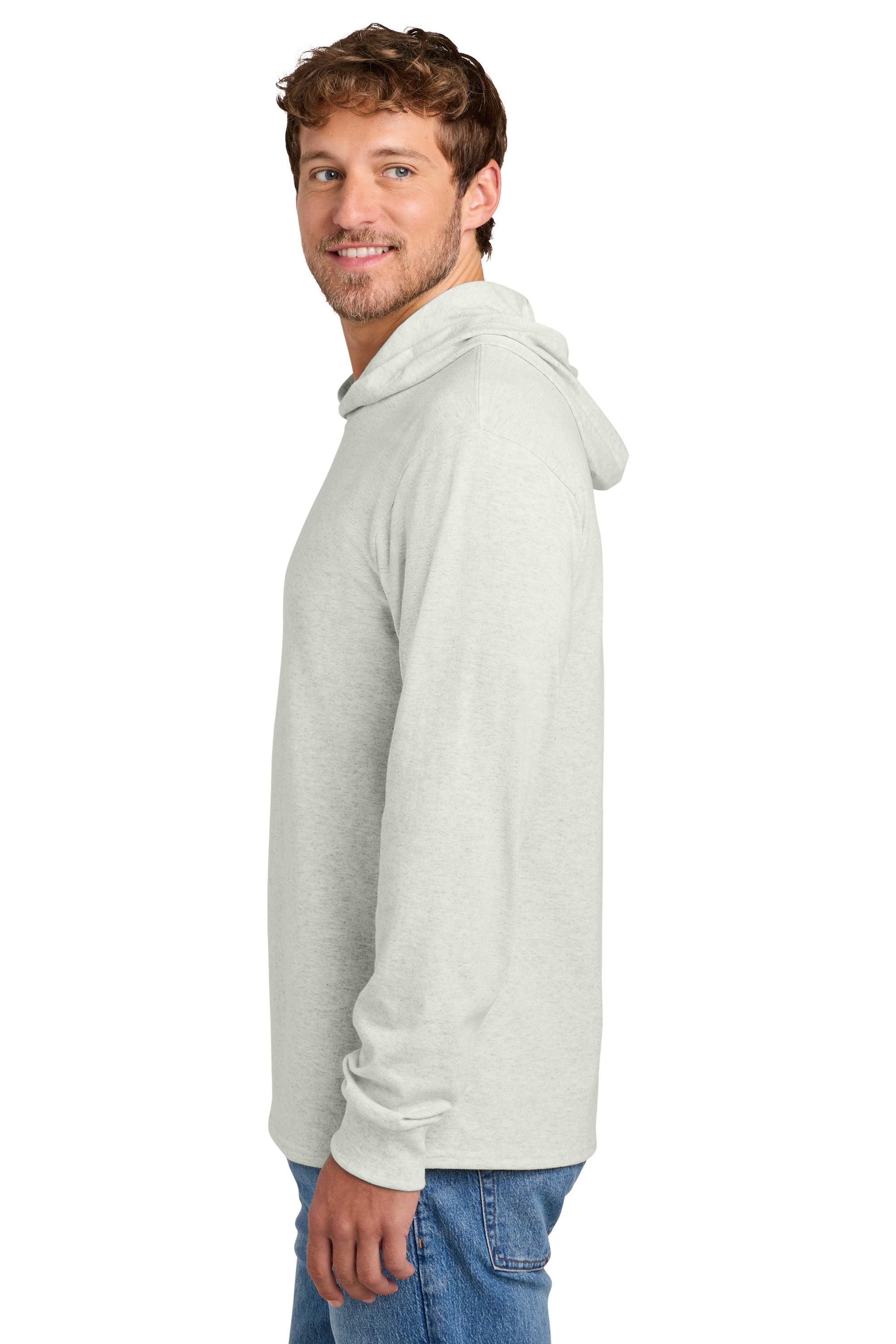 Port & Company PC54H Mens Core Cotton Long Sleeve Hooded T-Shirt Hoodie Heather Oatmeal Model Side