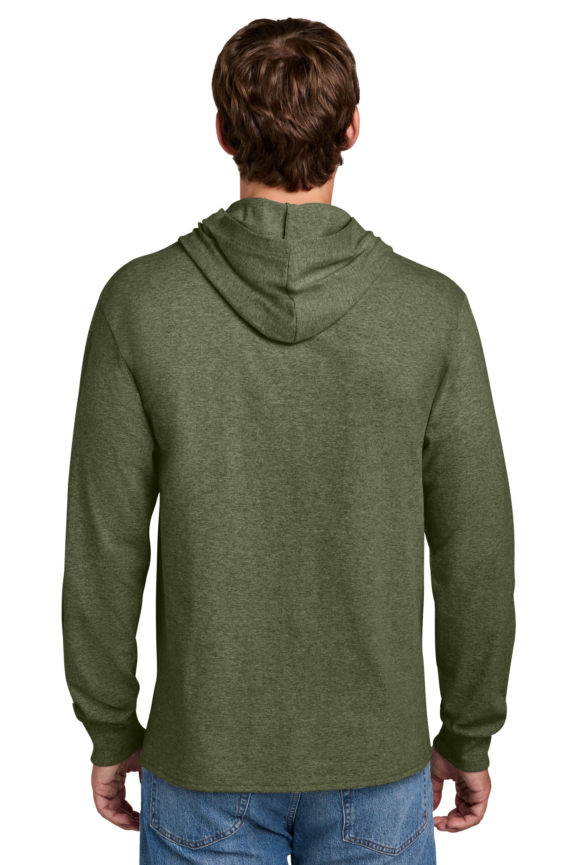 Port & Company PC54H Mens Core Cotton Long Sleeve Hooded T-Shirt Hoodie Heather Olive Drab Green Model Back