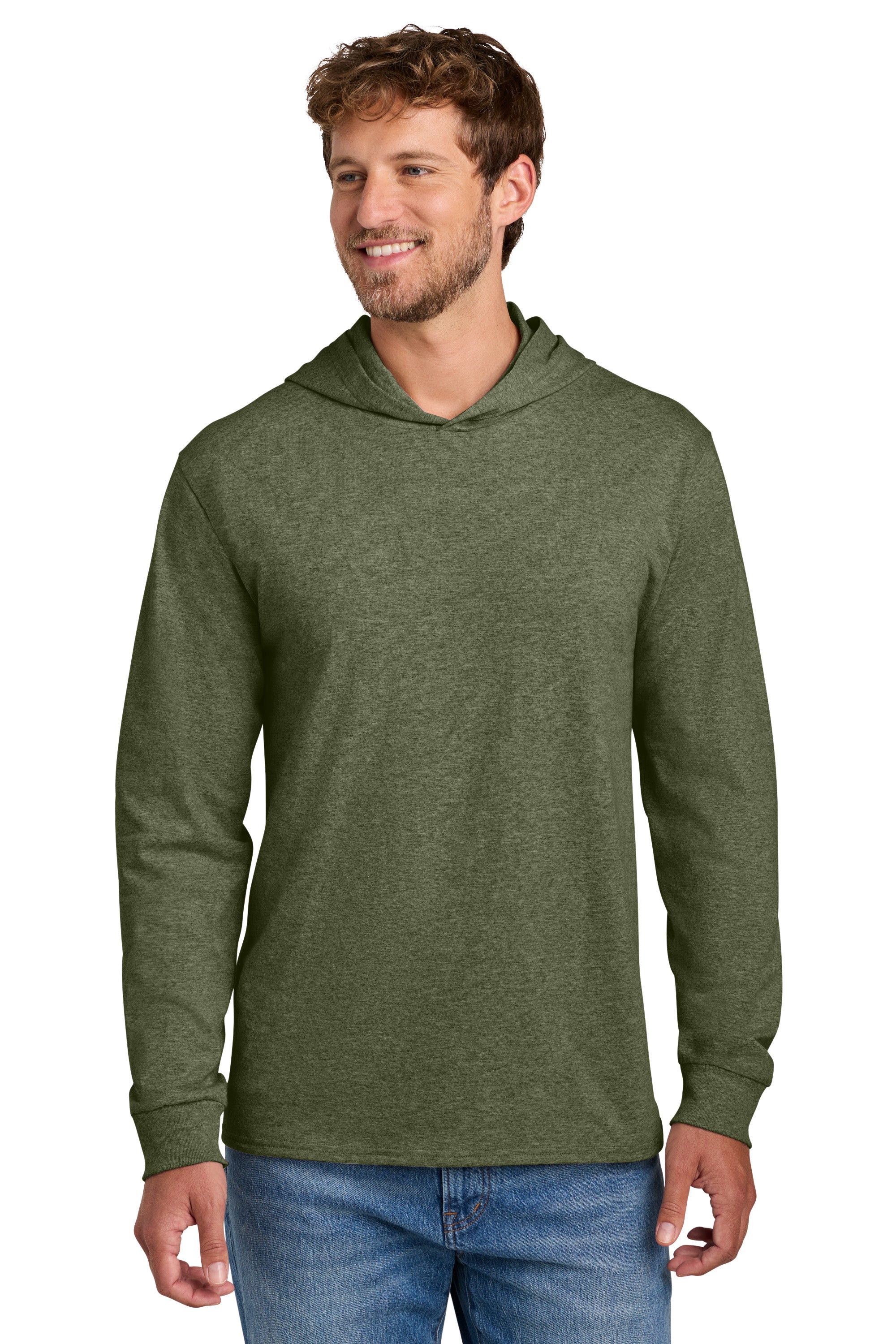 Port & Company PC54H Mens Core Cotton Long Sleeve Hooded T-Shirt Hoodie Heather Olive Drab Green Model Front