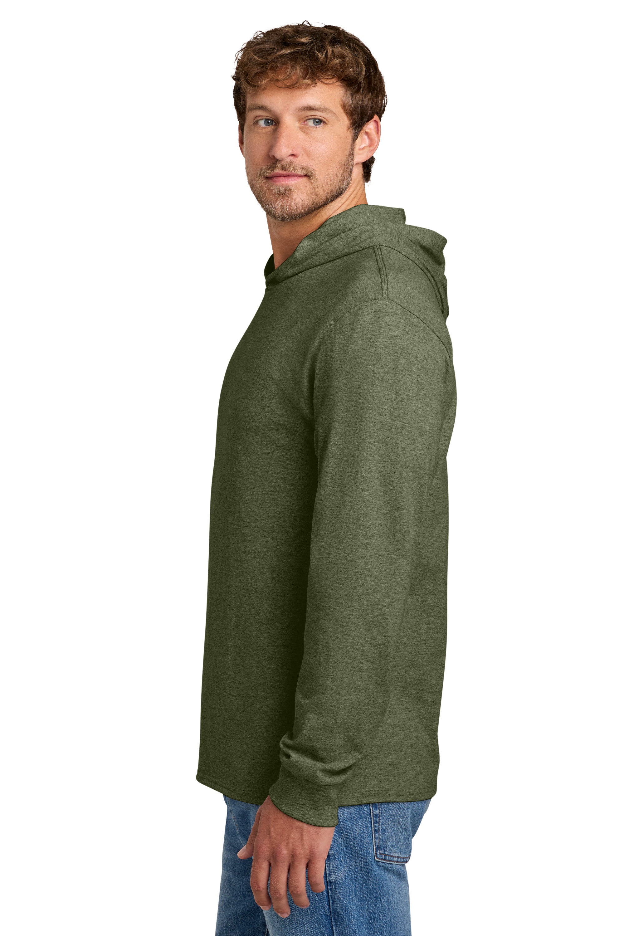 Port & Company PC54H Mens Core Cotton Long Sleeve Hooded T-Shirt Hoodie Heather Olive Drab Green Model Side