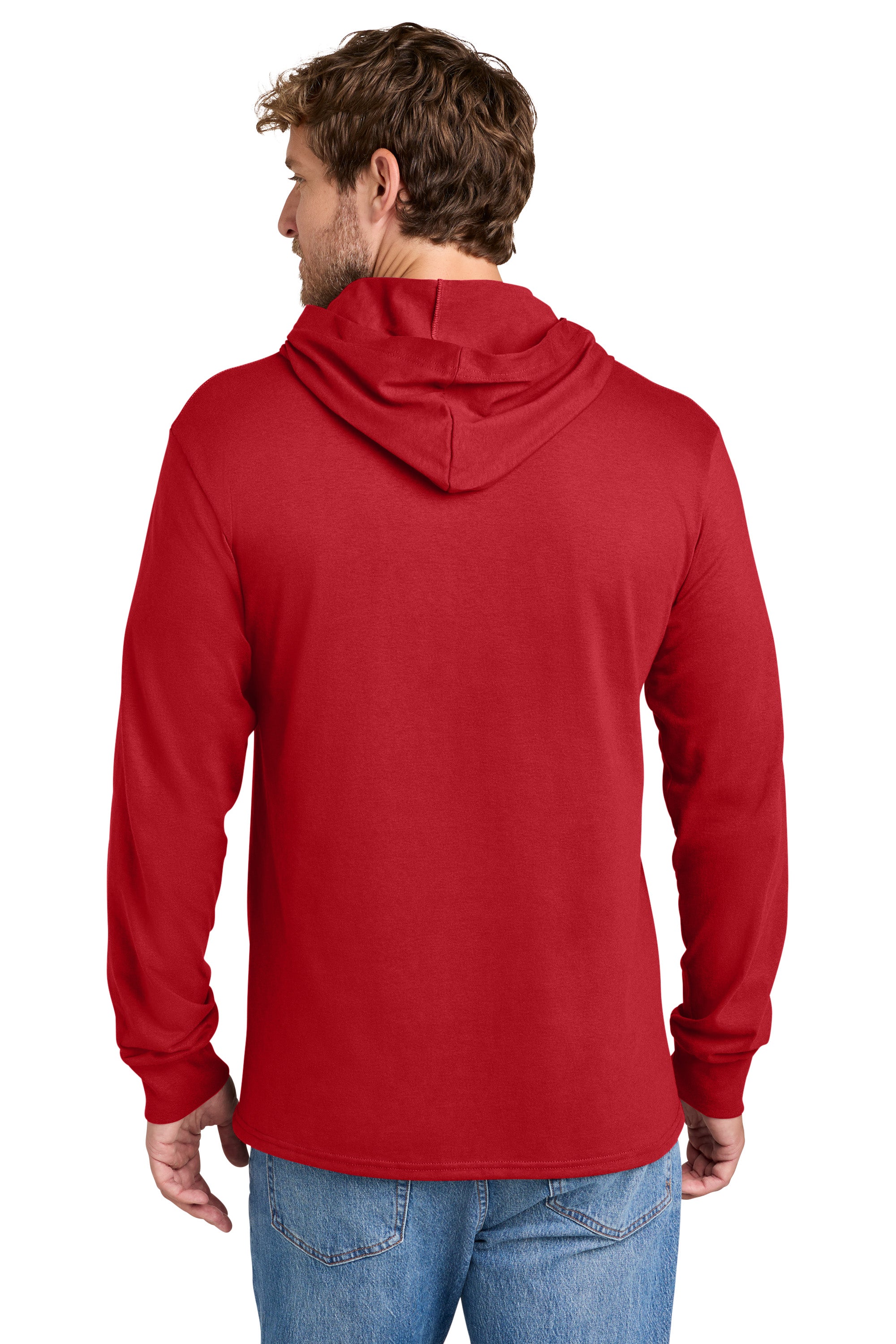 Port & Company PC54H Mens Core Cotton Long Sleeve Hooded T-Shirt Hoodie Red Model Back