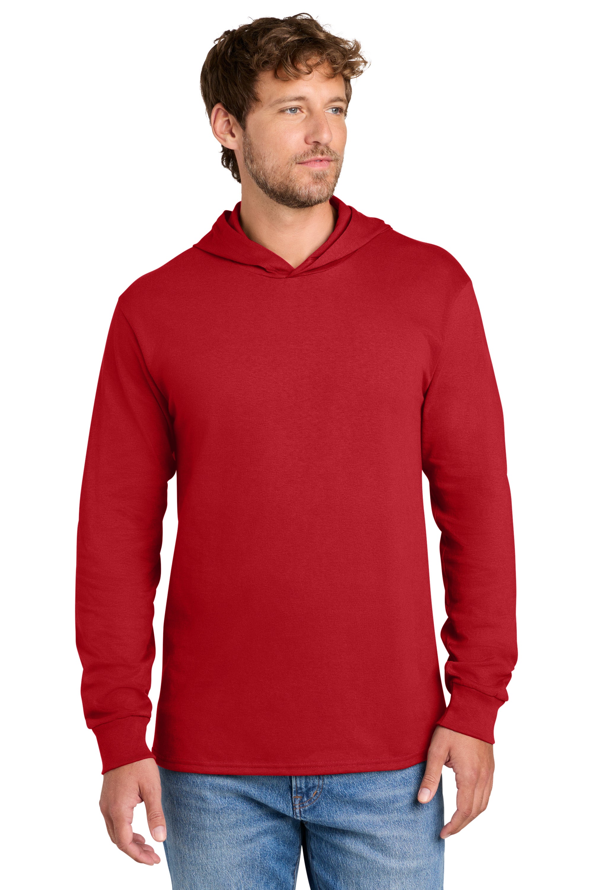 Port & Company PC54H Mens Core Cotton Long Sleeve Hooded T-Shirt Hoodie Red Model Front