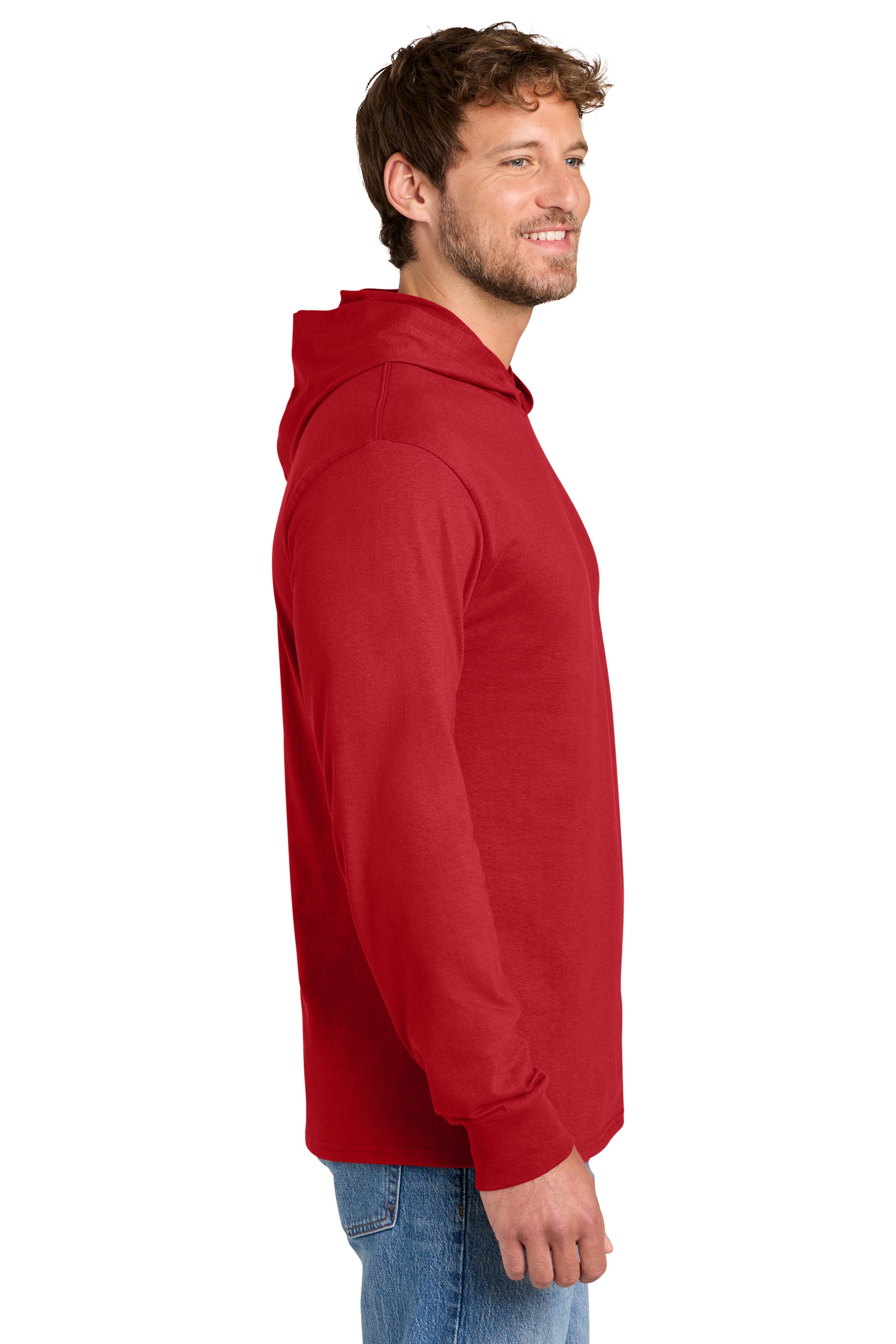 Port & Company PC54H Mens Core Cotton Long Sleeve Hooded T-Shirt Hoodie Red Model Side