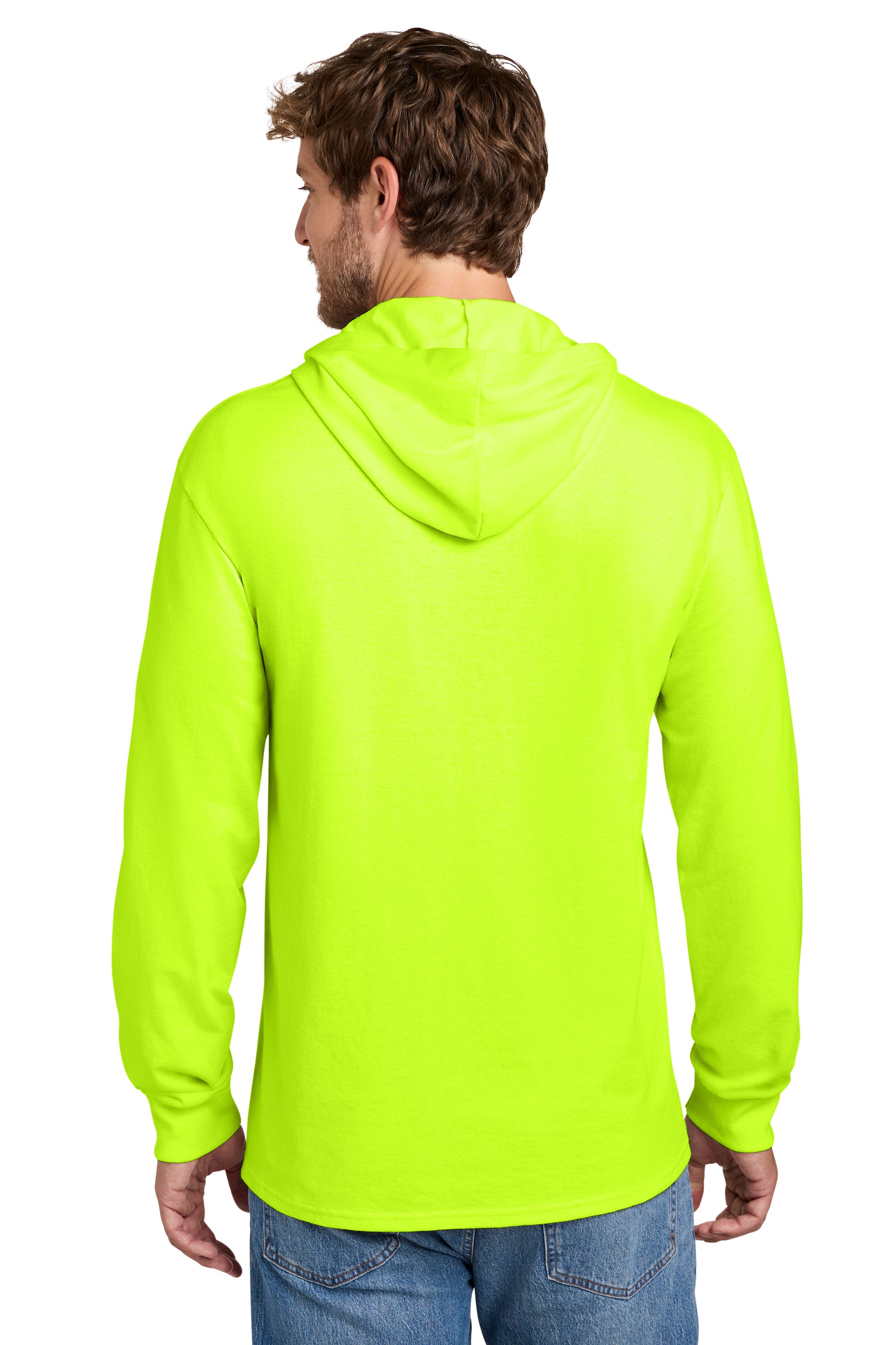 Port & Company PC54H Mens Core Cotton Long Sleeve Hooded T-Shirt Hoodie Safety Green Model Back