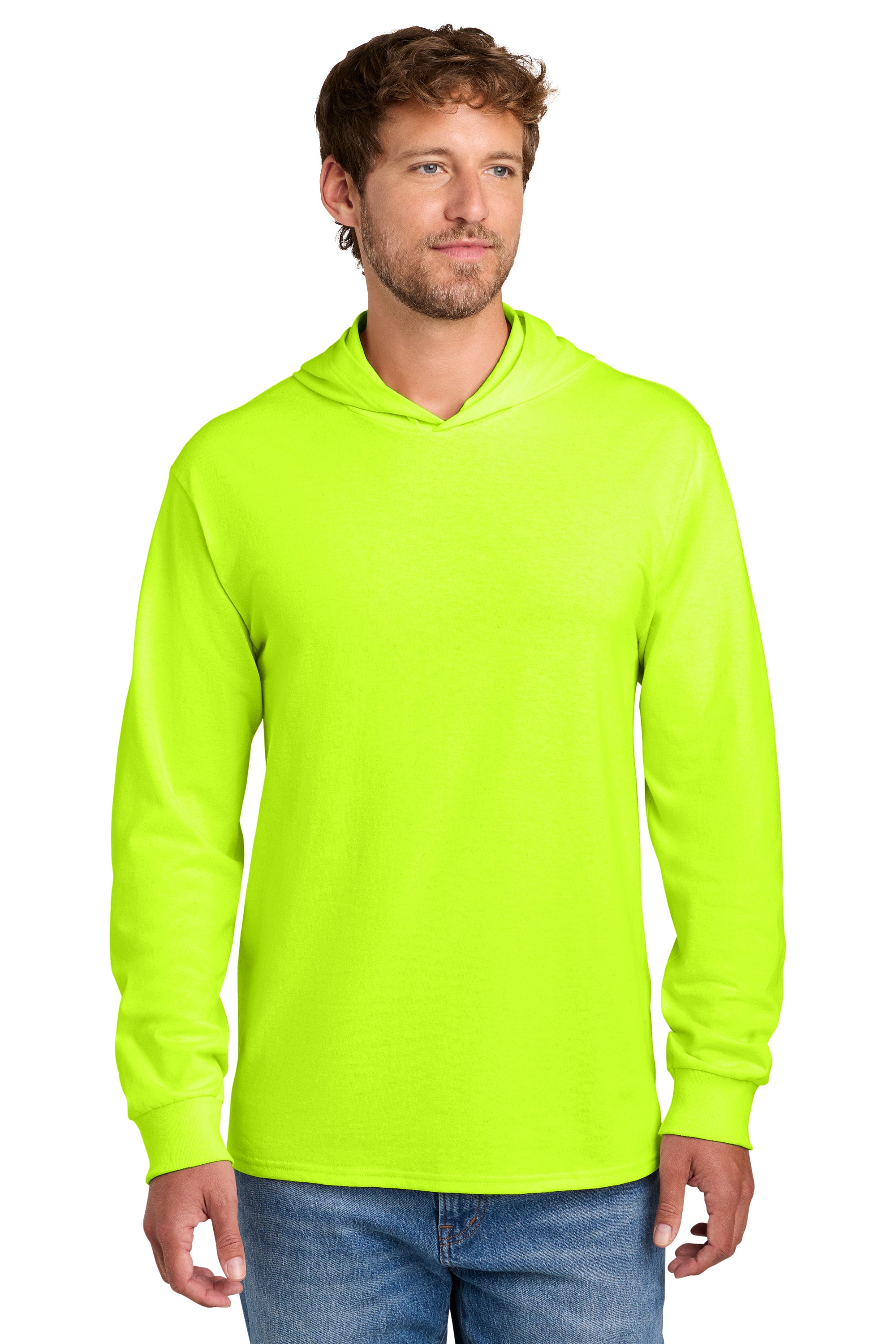 Port & Company PC54H Mens Core Cotton Long Sleeve Hooded T-Shirt Hoodie Safety Green Model Front