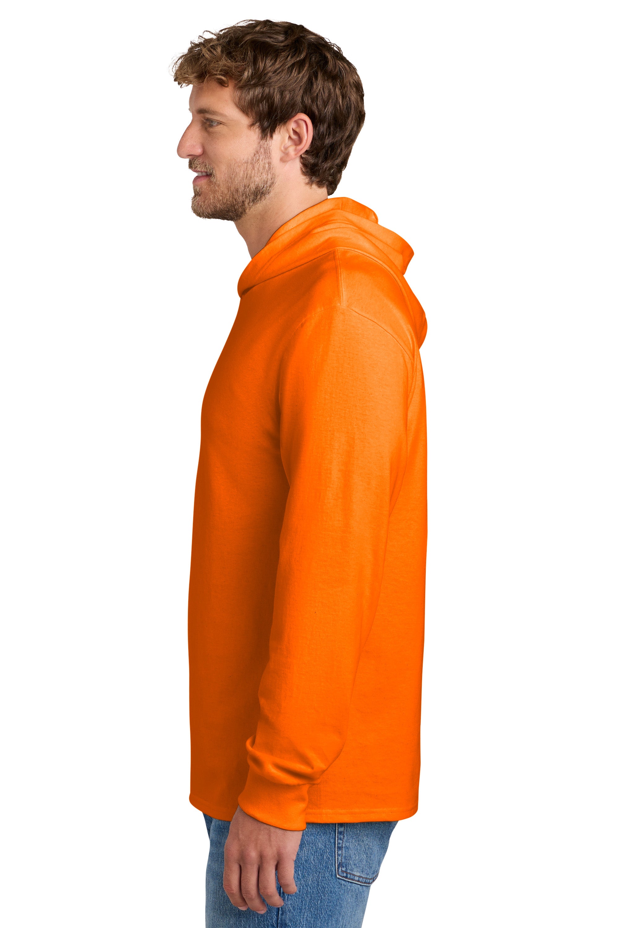 Port & Company PC54H Mens Core Cotton Long Sleeve Hooded T-Shirt Hoodie Safety Orange Model Side