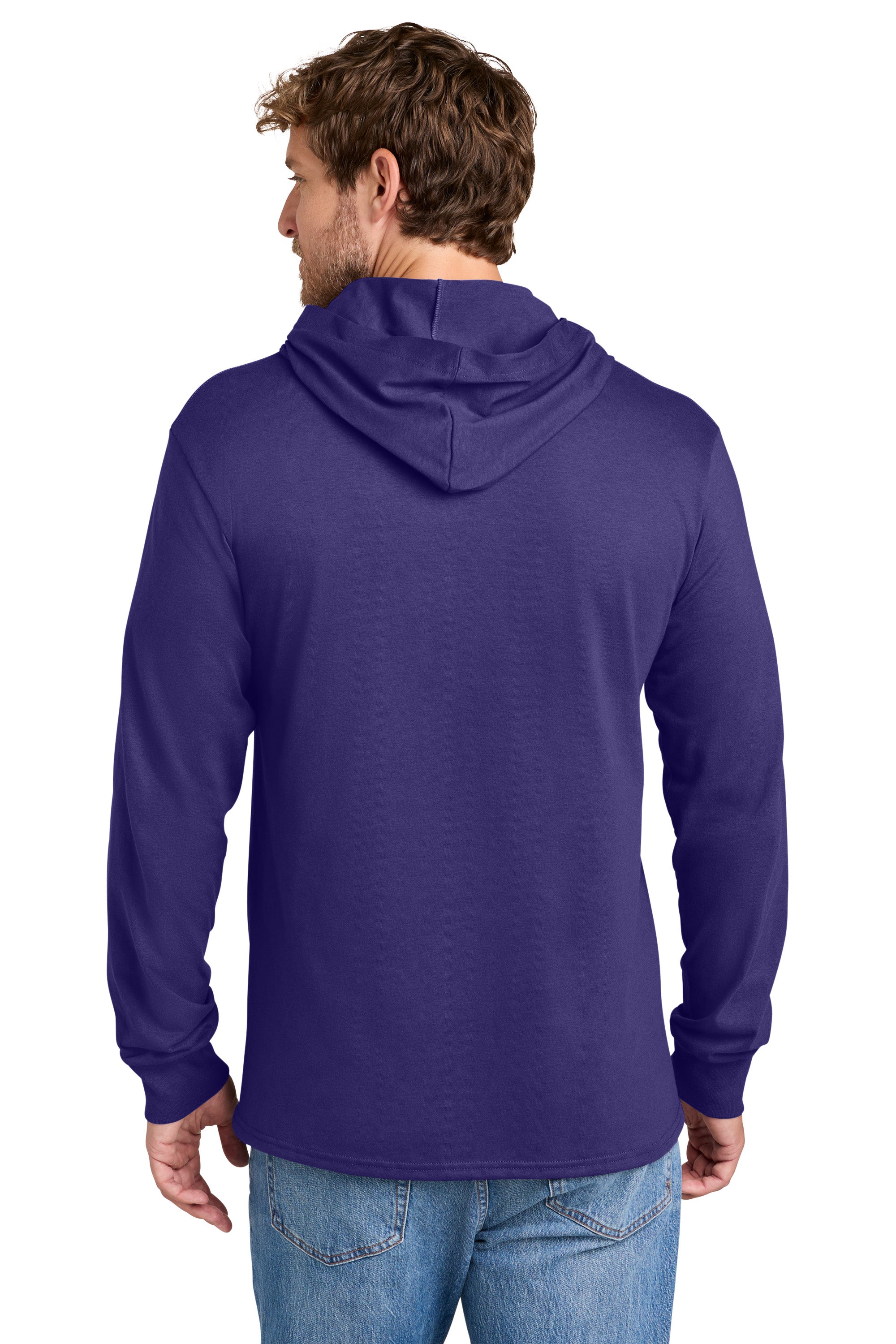Port & Company PC54H Mens Core Cotton Long Sleeve Hooded T-Shirt Hoodie Team Purple Model Back
