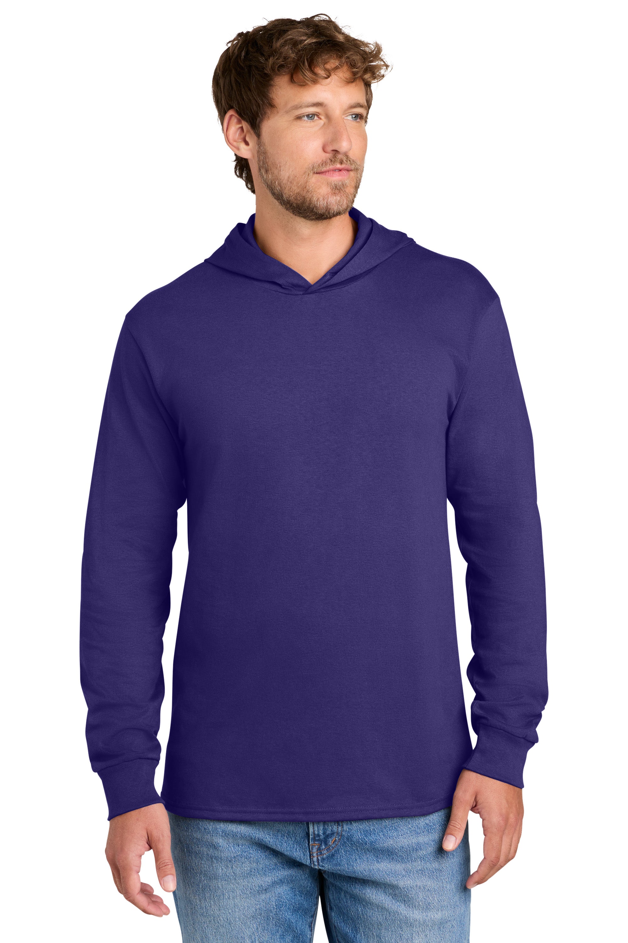 Port & Company PC54H Mens Core Cotton Long Sleeve Hooded T-Shirt Hoodie Team Purple Model Front