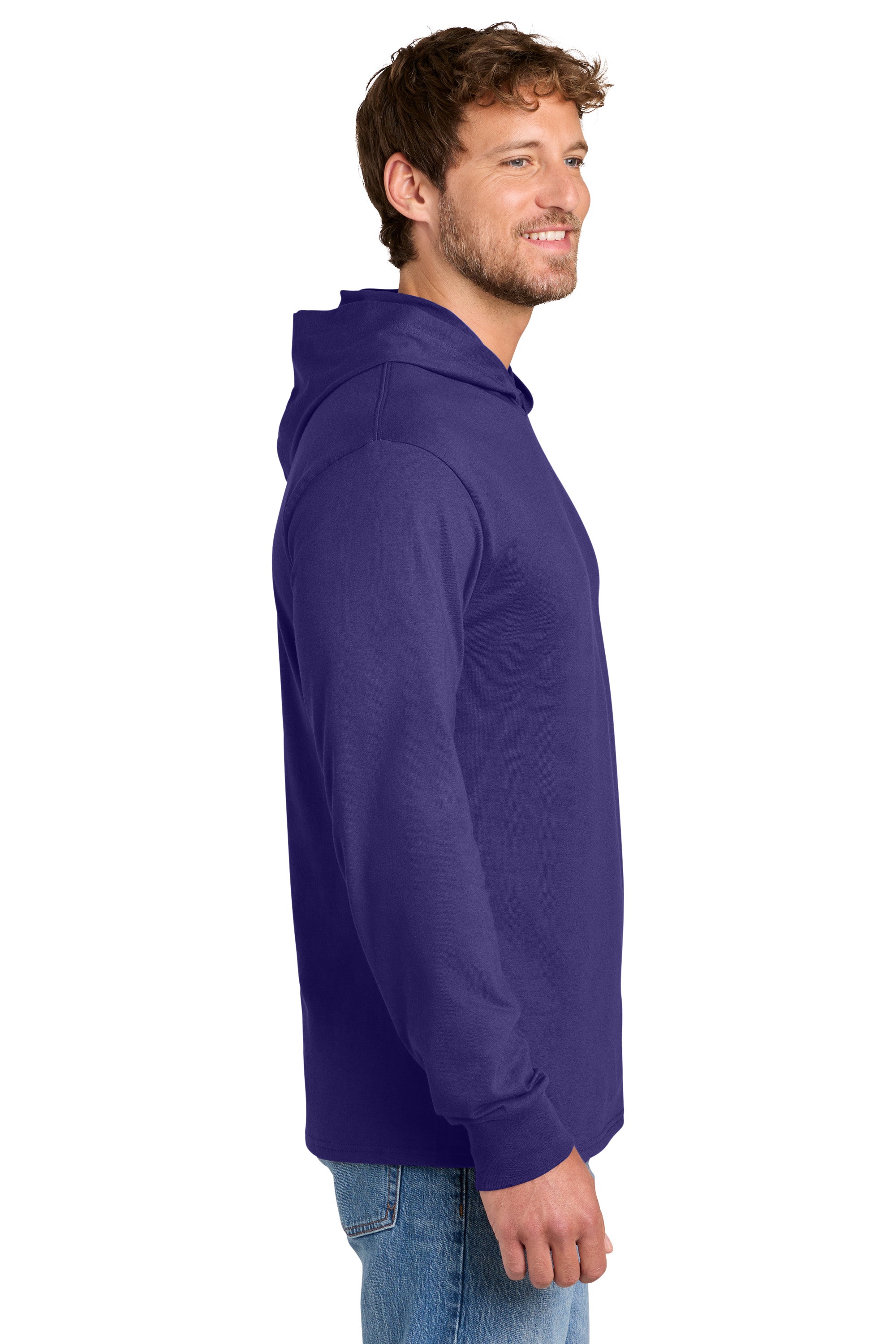 Port & Company PC54H Mens Core Cotton Long Sleeve Hooded T-Shirt Hoodie Team Purple Model Side
