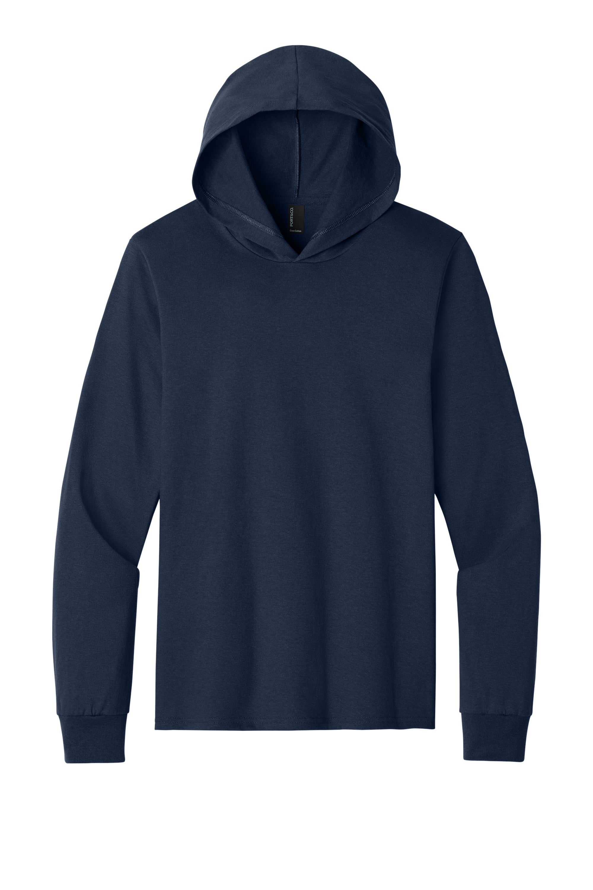 Port & Company PC54H Mens Core Cotton Long Sleeve Hooded T-Shirt Hoodie True Navy Blue Flat Front