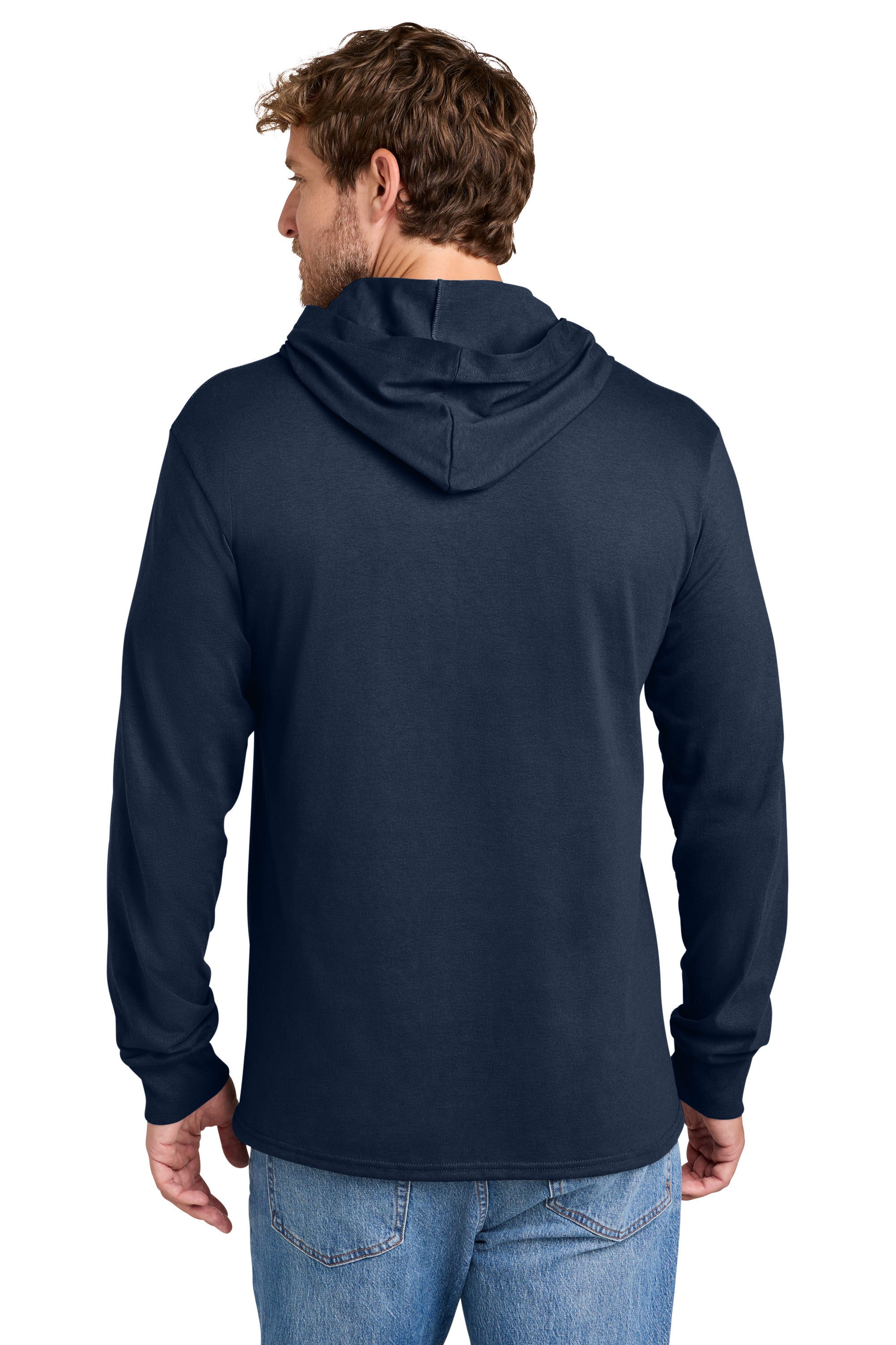Port & Company PC54H Mens Core Cotton Long Sleeve Hooded T-Shirt Hoodie True Navy Blue Model Back