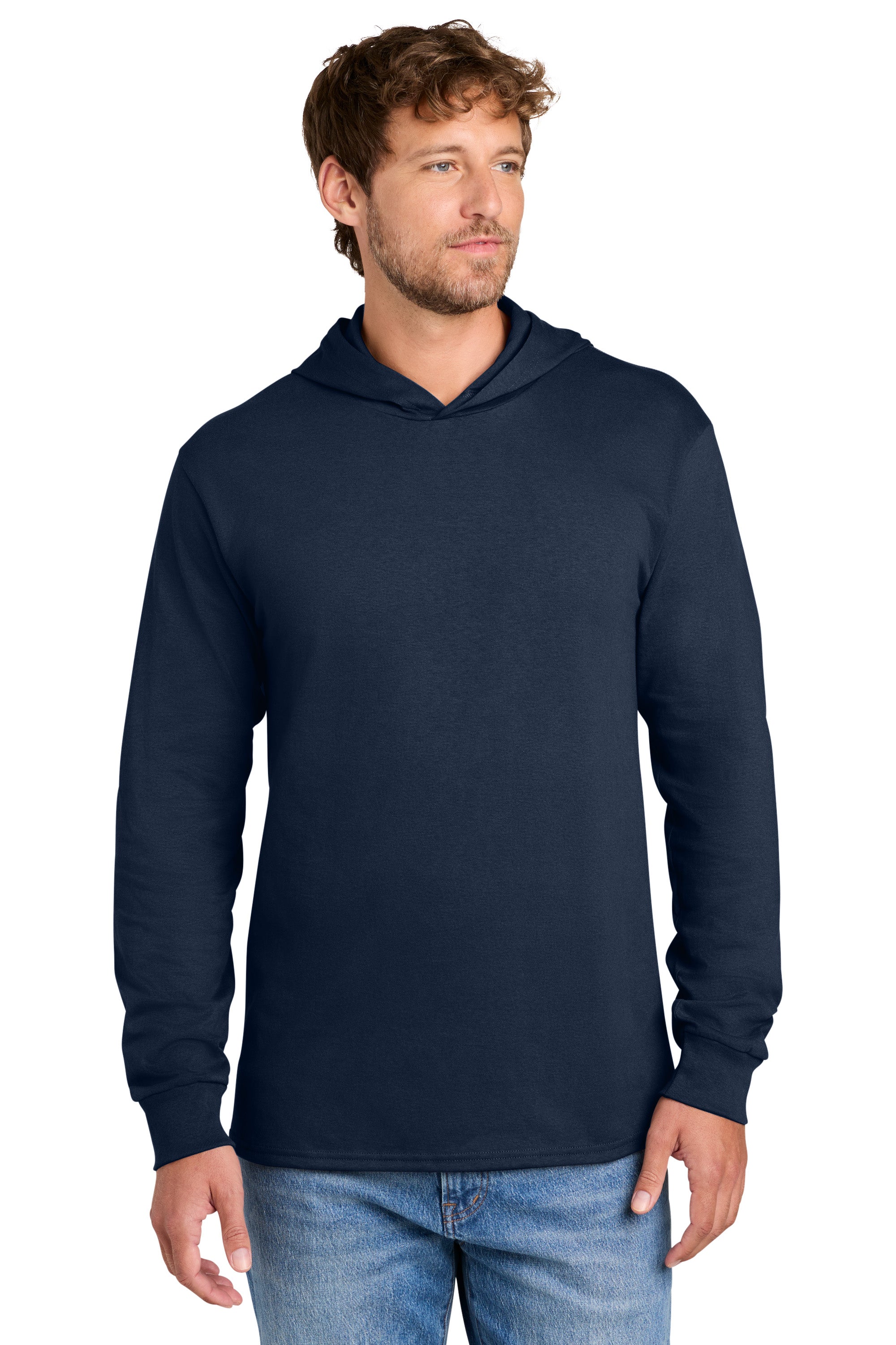 Port & Company PC54H Mens Core Cotton Long Sleeve Hooded T-Shirt Hoodie True Navy Blue Model Front