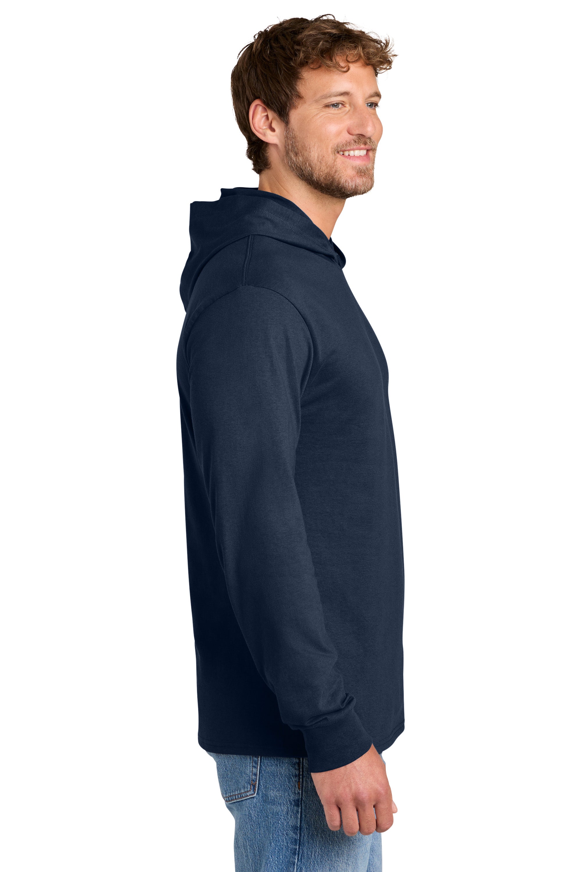 Port & Company PC54H Mens Core Cotton Long Sleeve Hooded T-Shirt Hoodie True Navy Blue Model Side