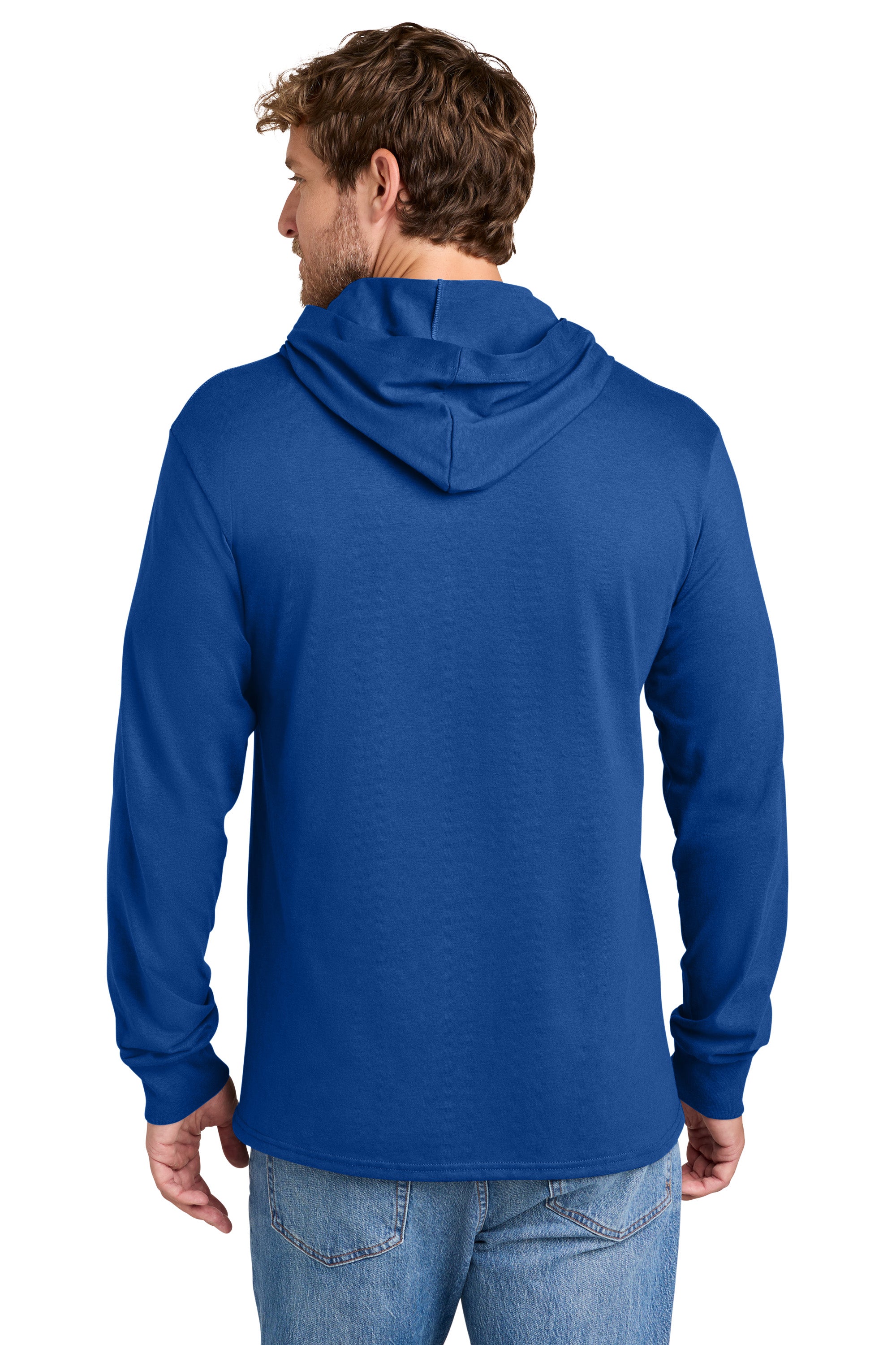Port & Company PC54H Mens Core Cotton Long Sleeve Hooded T-Shirt Hoodie True Royal Blue Model Back
