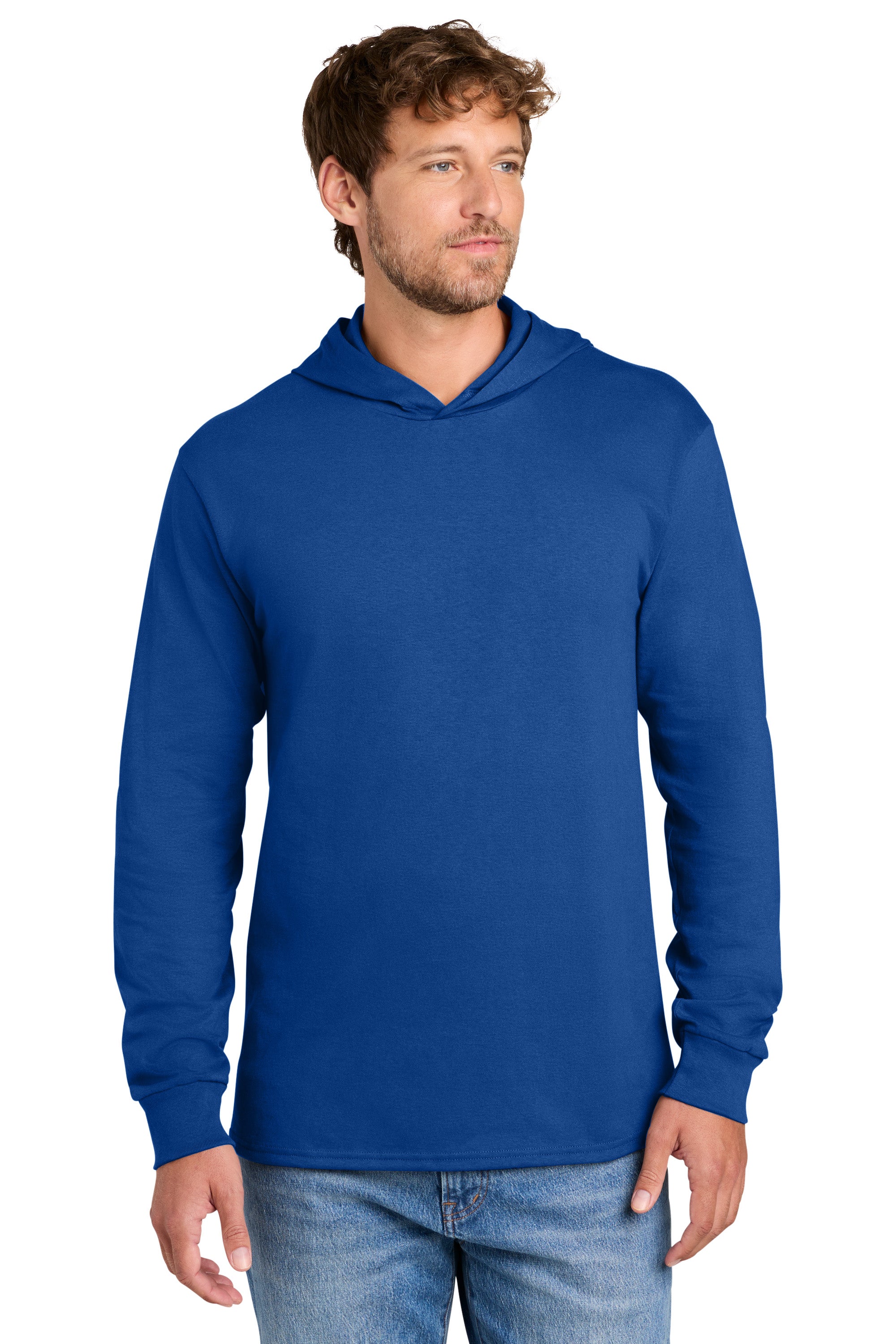 Port & Company PC54H Mens Core Cotton Long Sleeve Hooded T-Shirt Hoodie True Royal Blue Model Front