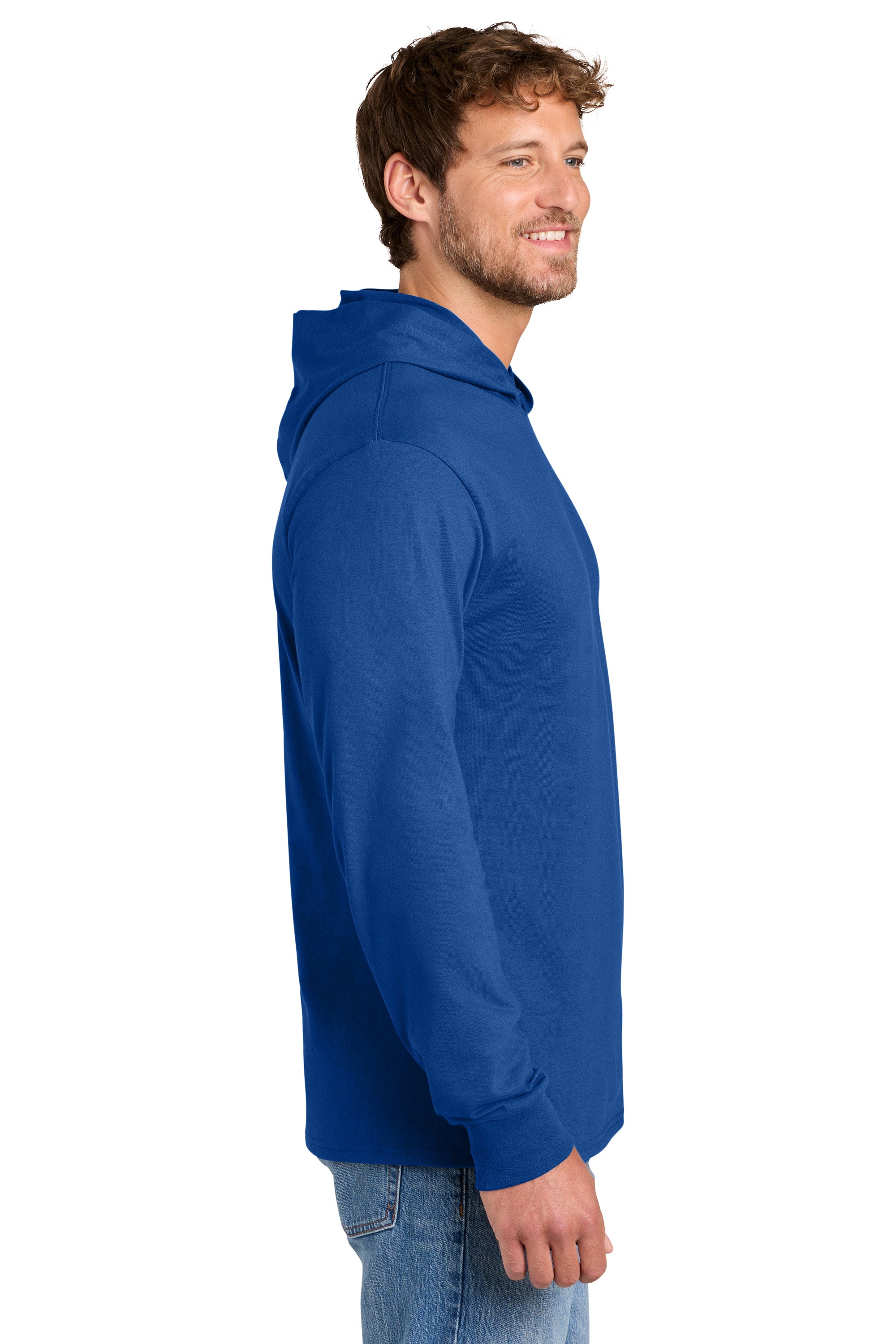 Port & Company PC54H Mens Core Cotton Long Sleeve Hooded T-Shirt Hoodie True Royal Blue Model Side