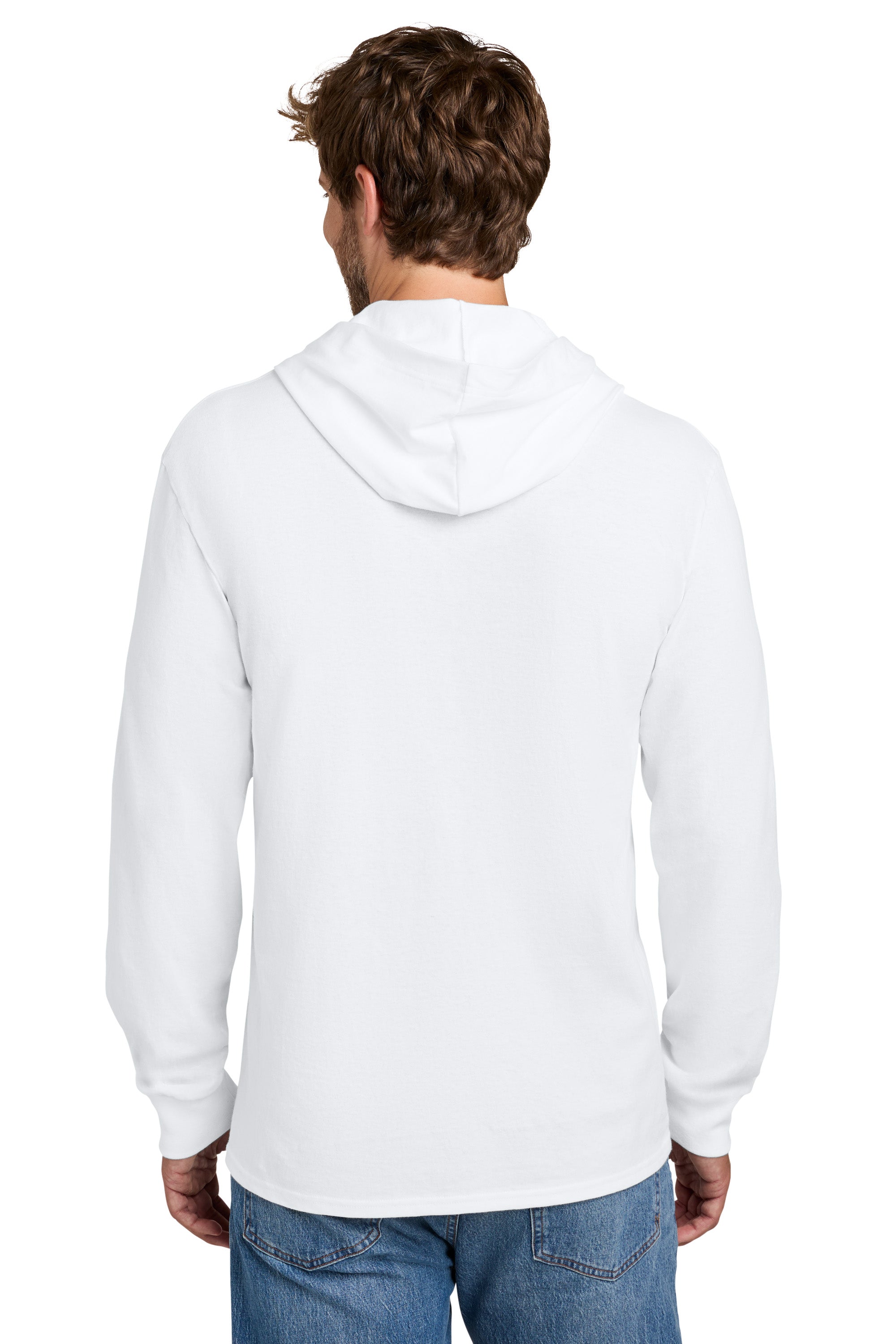 Port & Company PC54H Mens Core Cotton Long Sleeve Hooded T-Shirt Hoodie White Model Back