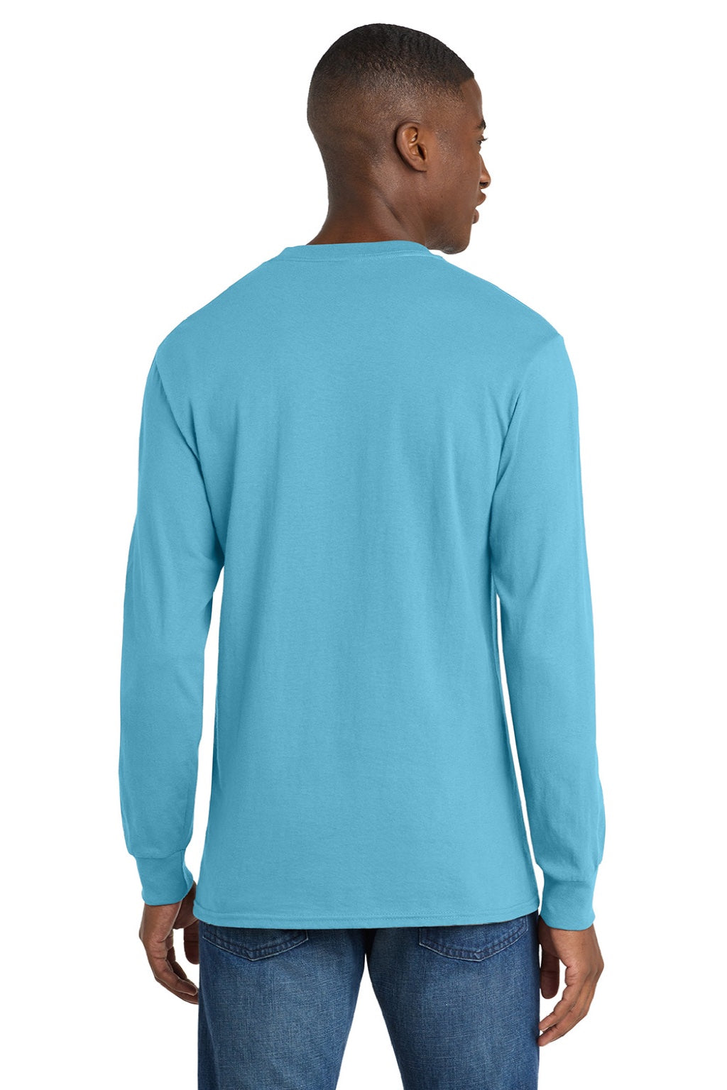 Port & Company PC54LS Mens Core Long Sleeve Crewneck T-Shirt Aquatic Blue Model Back