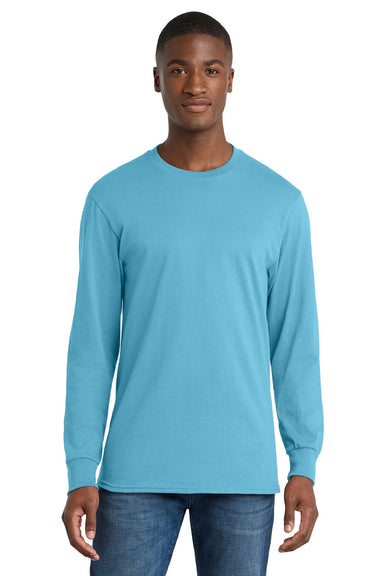 Port & Company PC54LS Mens Core Long Sleeve Crewneck T-Shirt Aquatic Blue Model Front