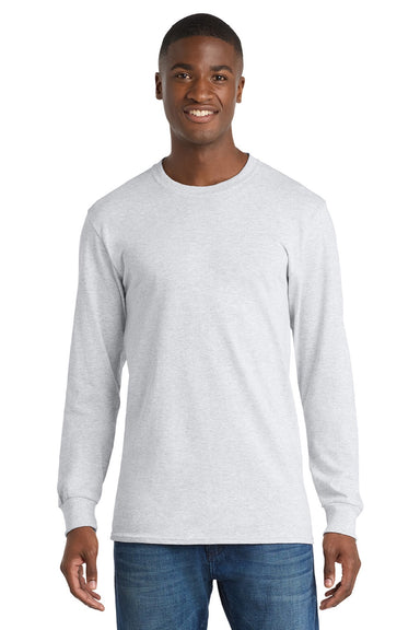 Port & Company PC54LS Mens Core Long Sleeve Crewneck T-Shirt Ash Grey Model Front