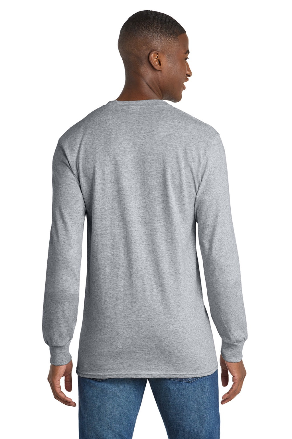 Port & Company PC54LS Mens Core Long Sleeve Crewneck T-Shirt Heather Grey Model Back