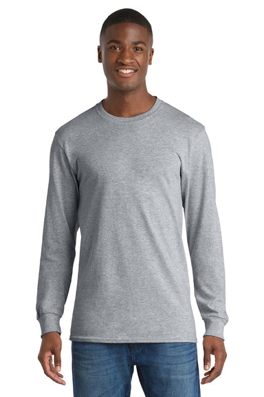 Port & Company PC54LS Mens Core Long Sleeve Crewneck T-Shirt Heather Grey Model Front