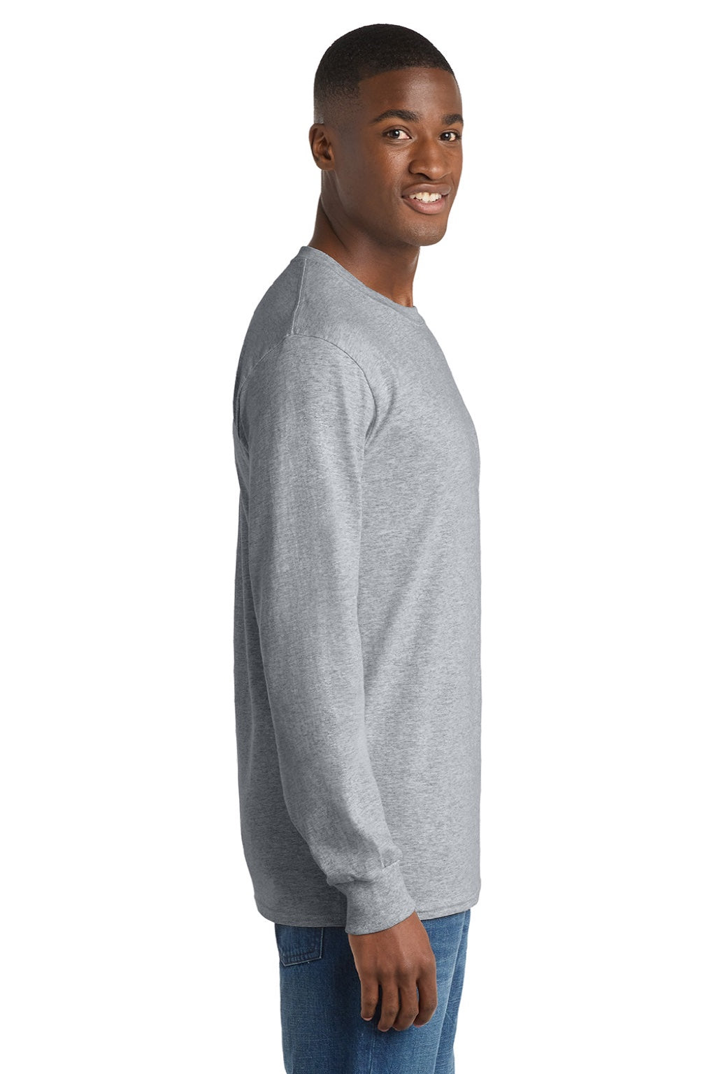 Port & Company PC54LS Mens Core Long Sleeve Crewneck T-Shirt Heather Grey Model Side
