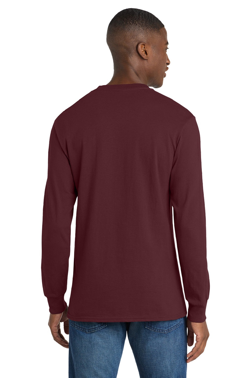 Port & Company PC54LS Mens Core Long Sleeve Crewneck T-Shirt Athletic Maroon Model Back