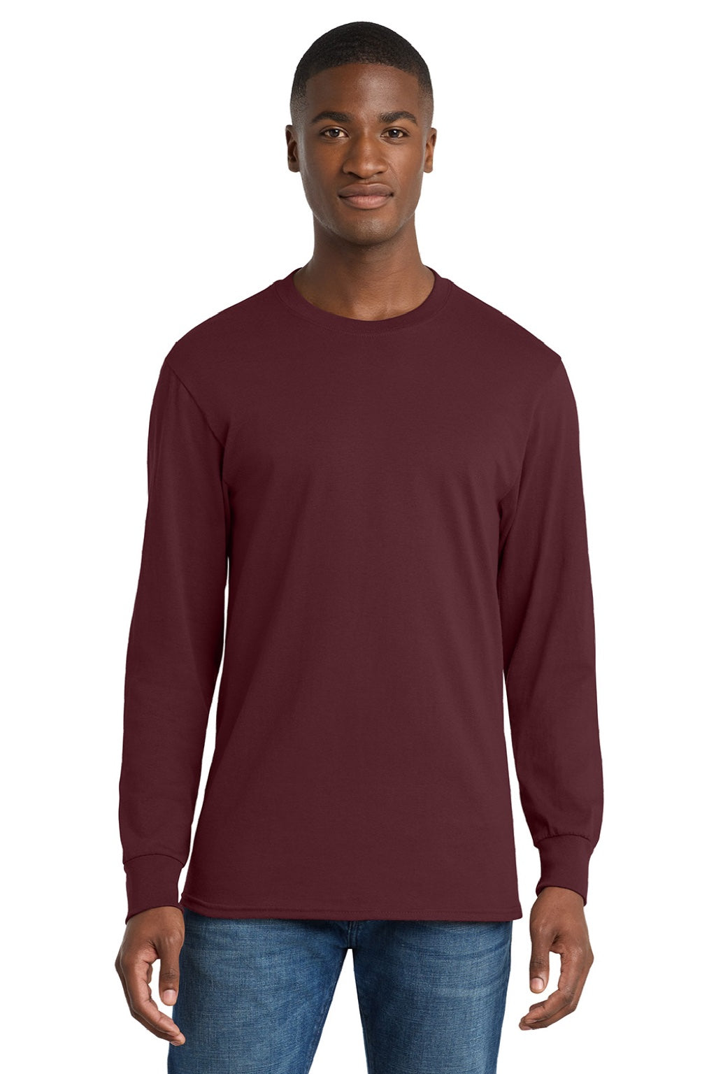 Port & Company PC54LS Mens Core Long Sleeve Crewneck T-Shirt Athletic Maroon Model Front