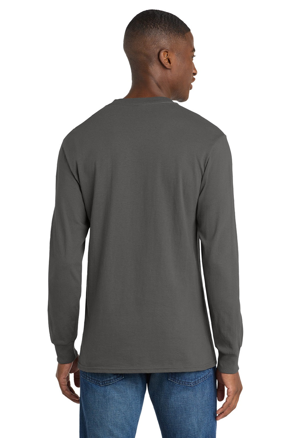 Port & Company PC54LS Mens Core Long Sleeve Crewneck T-Shirt Charcoal Grey Model Back