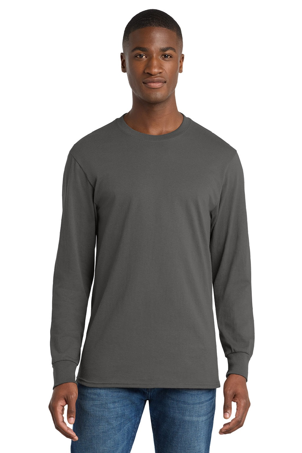 Port & Company PC54LS Mens Core Long Sleeve Crewneck T-Shirt Charcoal Grey Model Front