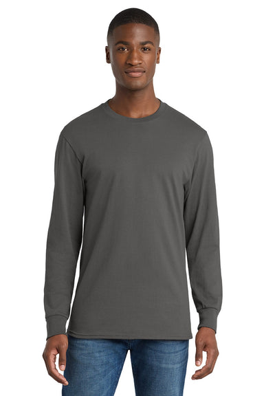 Port & Company PC54LS Mens Core Long Sleeve Crewneck T-Shirt Charcoal Grey Model Front