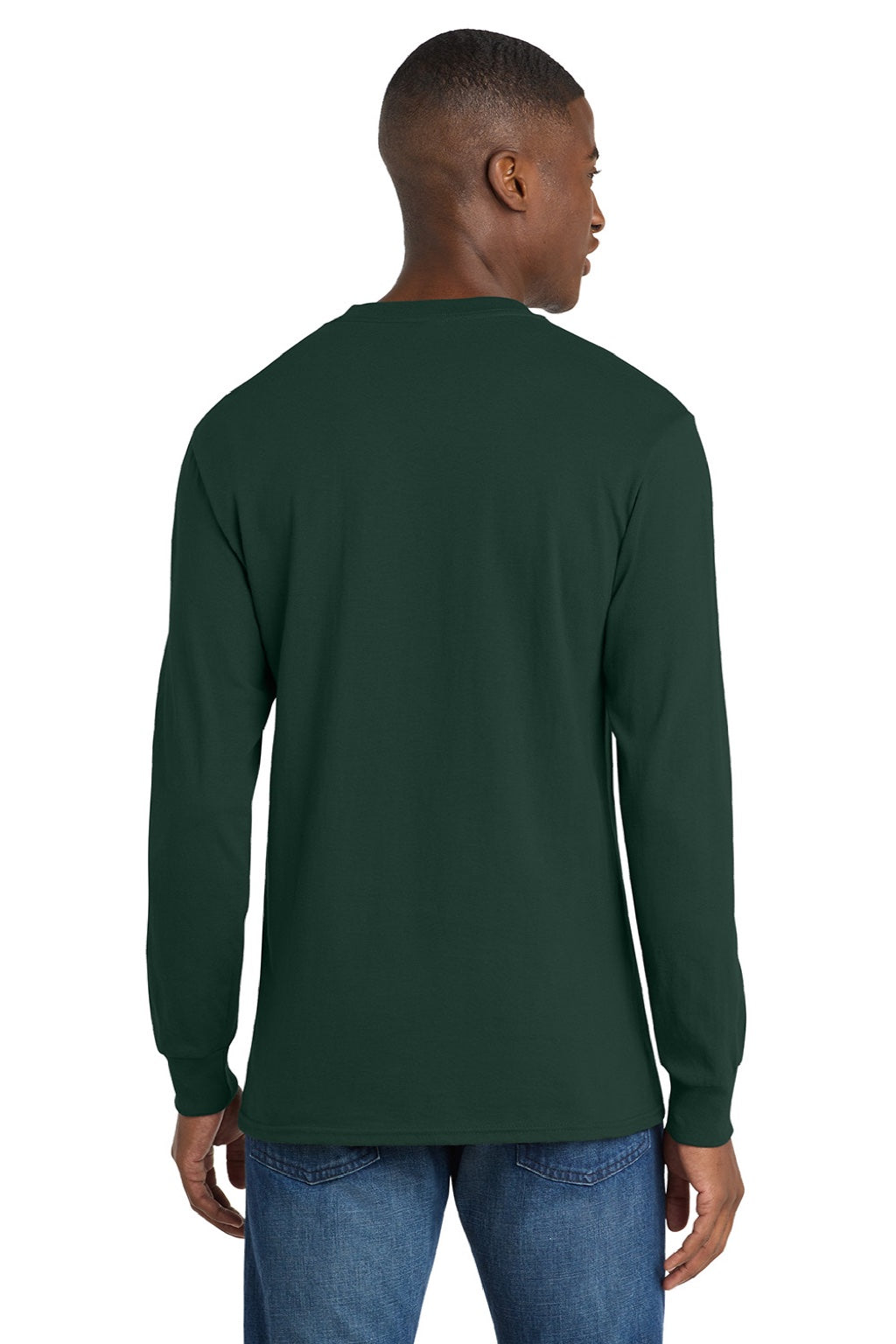 Port & Company PC54LS Mens Core Long Sleeve Crewneck T-Shirt Dark Green Model Back